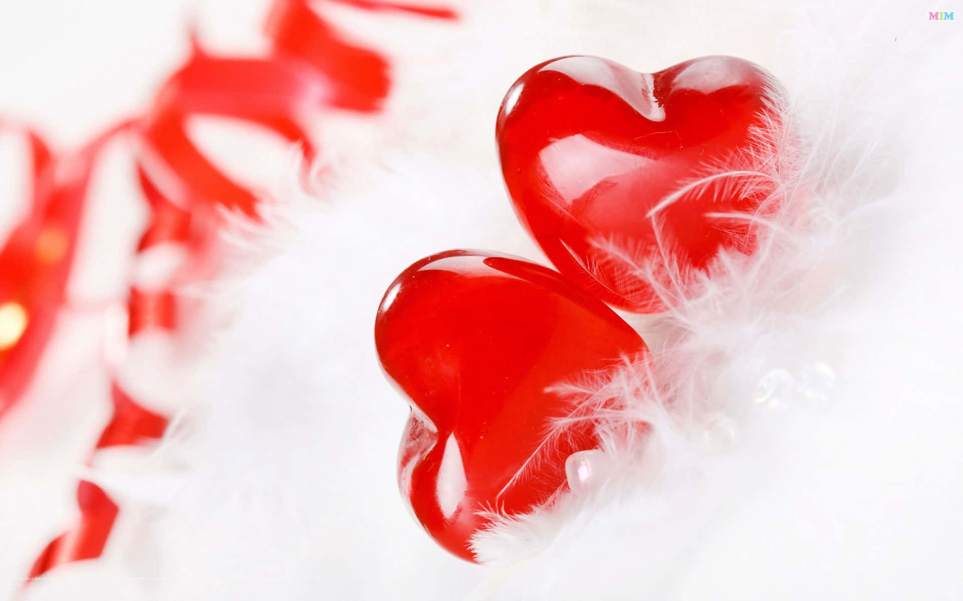 Cute Hearts, glossy red heart-shaped objects, soft white feathers, Full HD Desktop Wallpaper