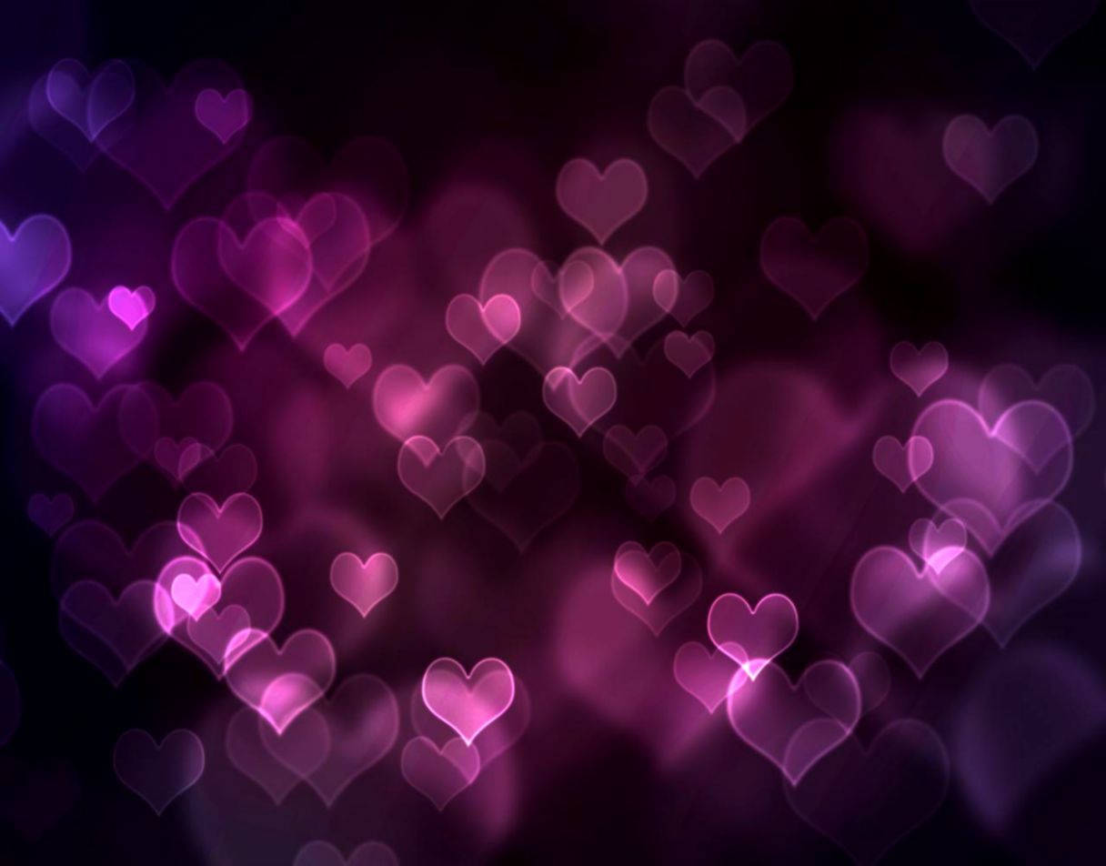 glowing pink and purple heart shapes, dark background, dreamy bokeh effect, SD Desktop Wallpaper