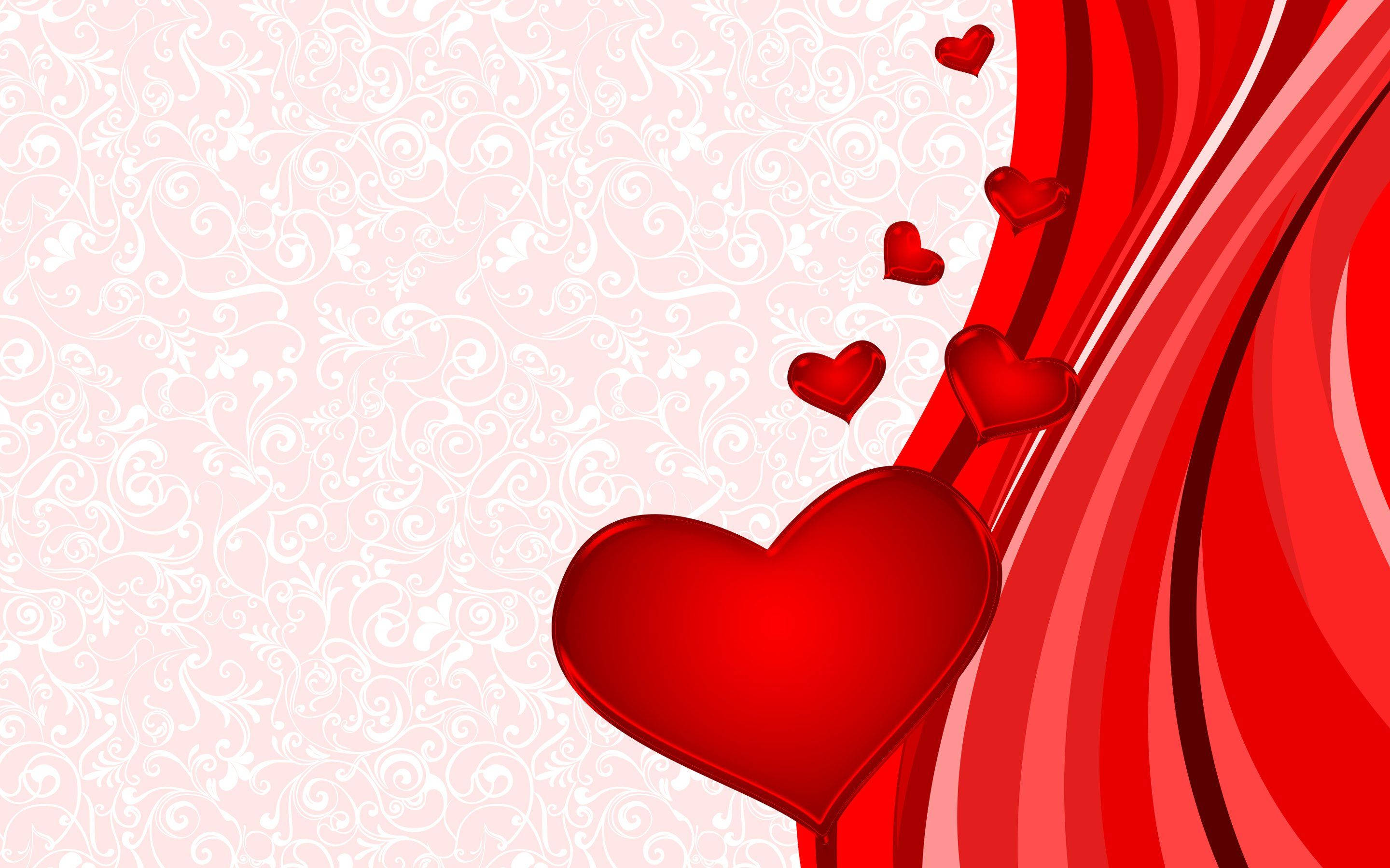Valentine red hearts, glossy red heart, swirling red ribbons, 2K Desktop Wallpaper