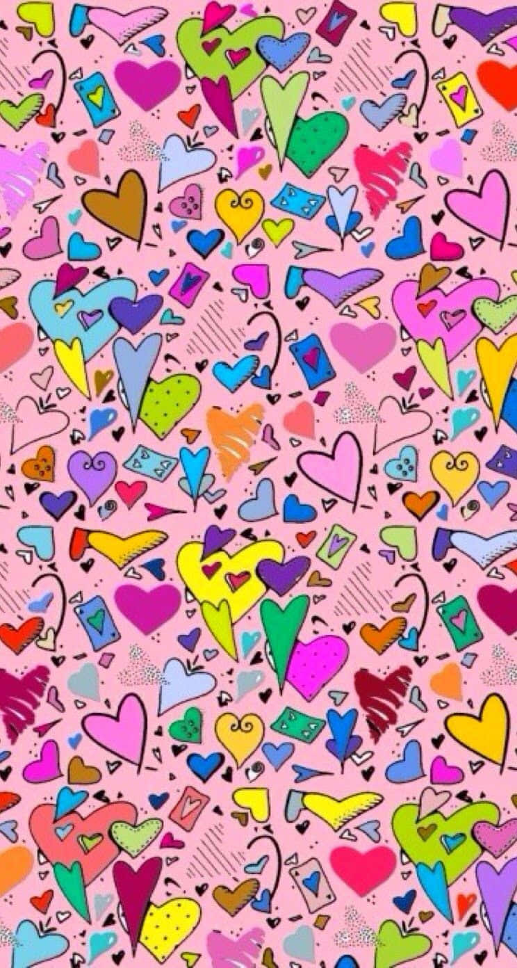 vibrant pink background, colorful hand-drawn hearts, various sizes, HD Phone Wallpaper