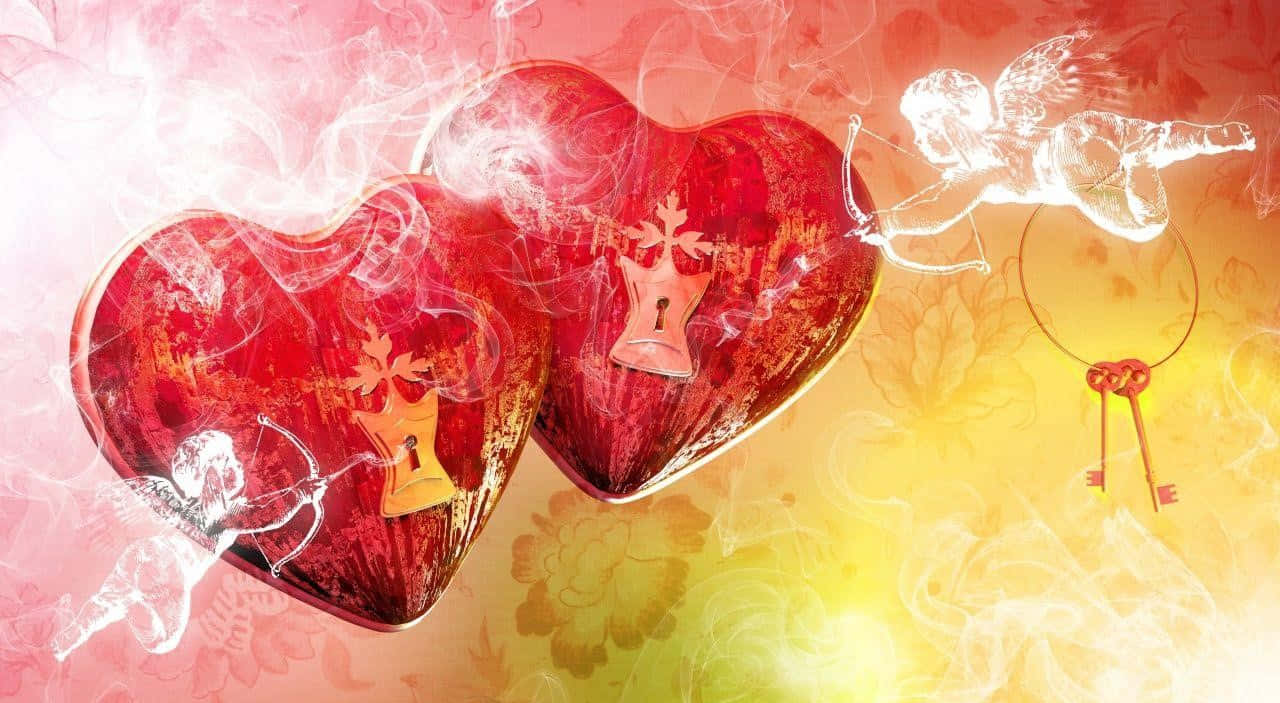 rustic valentine day, glossy red hearts, ornate keys, HD Desktop Wallpaper