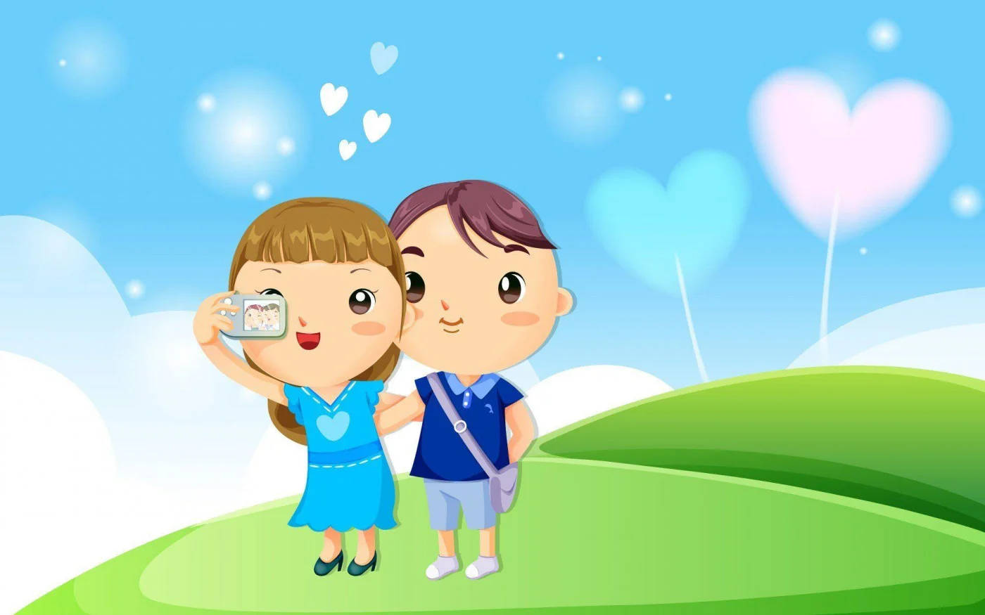 cartoon couple, grassy hill, sky filled with floating hearts, HD Desktop Wallpaper