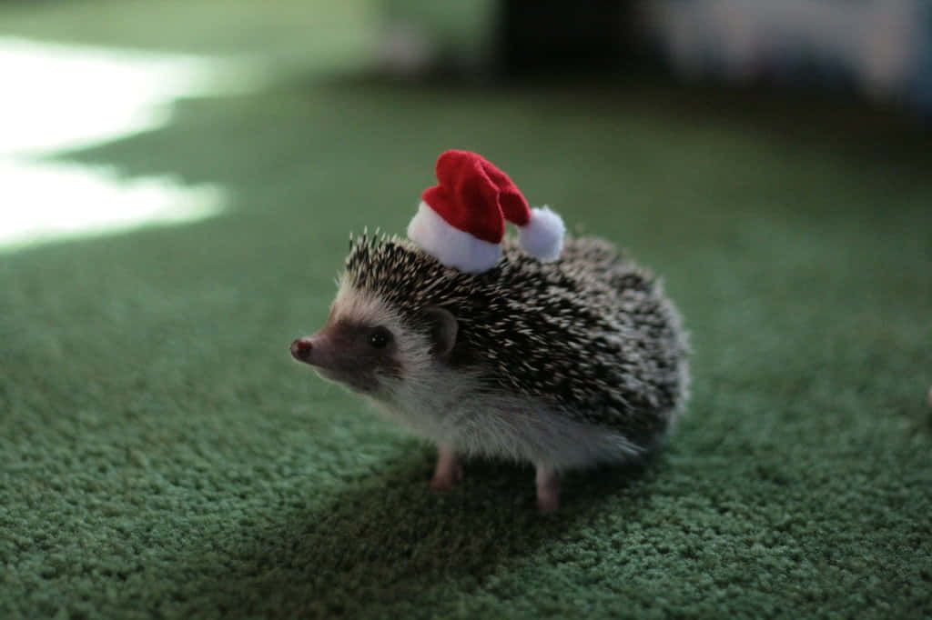 cute hedgehog, red Santa hat, green carpet, SD Desktop Wallpaper