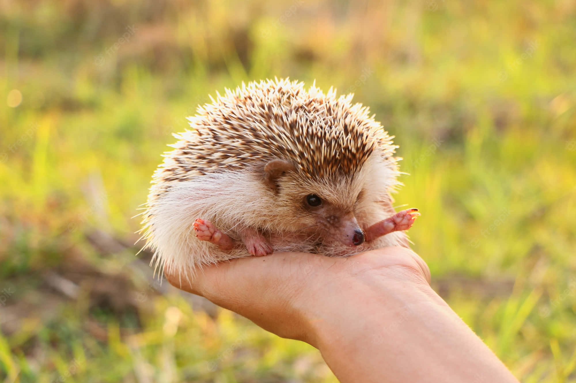 cute hedgehog, brown and white spines, open palm, Full HD Desktop Wallpaper