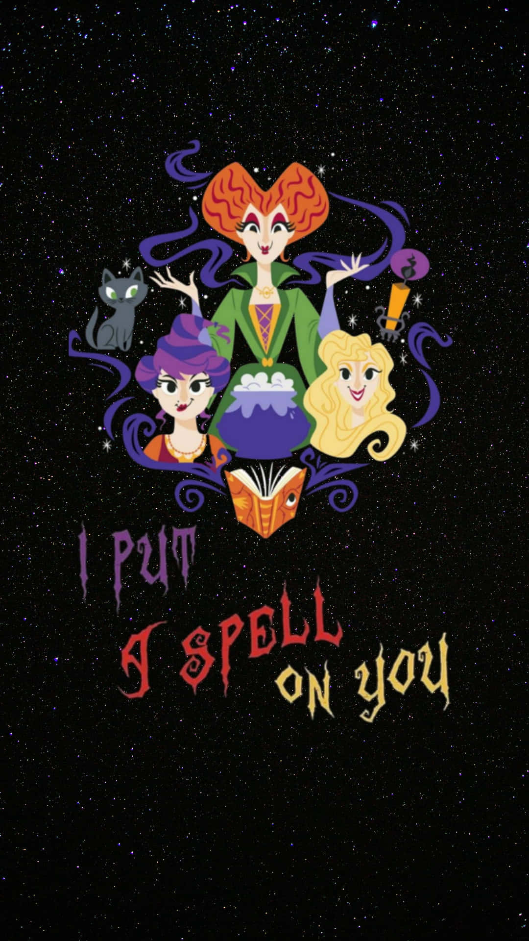 Cute Hocus Pocus, three cartoon witches, swirling purple magic, Full HD Phone Wallpaper
