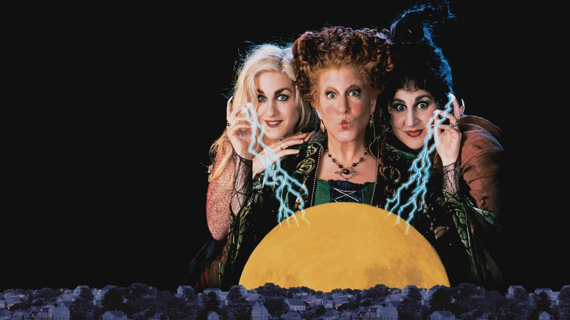 Hocus Pocus, three witches, lightning bolts, Full HD Desktop Wallpaper