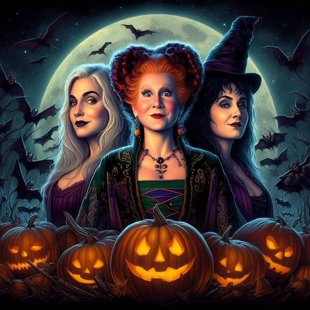 Hocus Pocus, three witches, glowing jack-o-lanterns, SD Desktop Wallpaper
