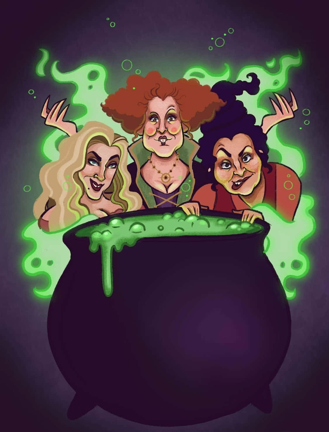 Cute Hocus Pocus, three cartoon witches, wild hair, HD Phone Wallpaper