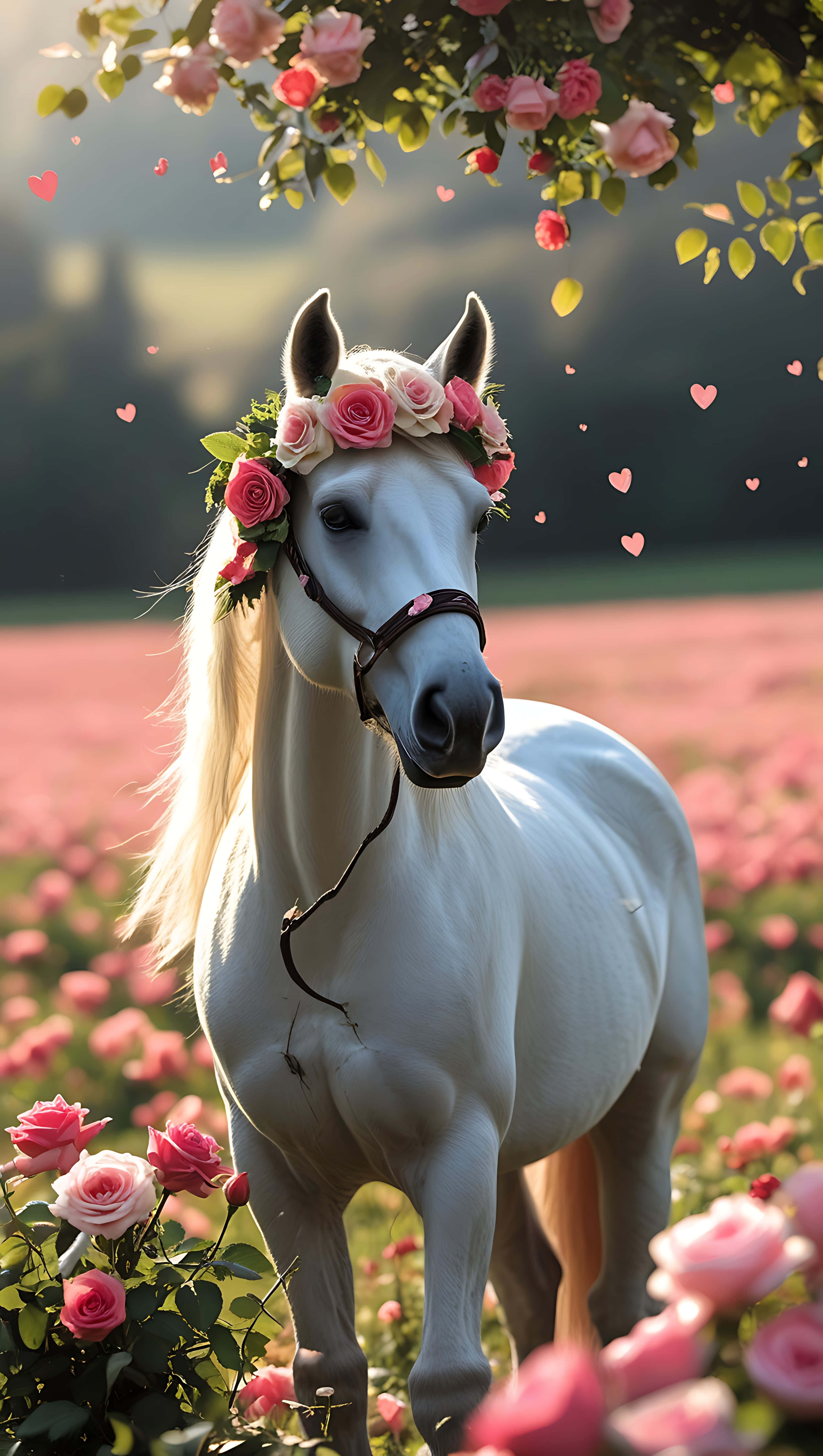 cute horse, floral wreath, pink rose crown, 5K Phone Wallpaper