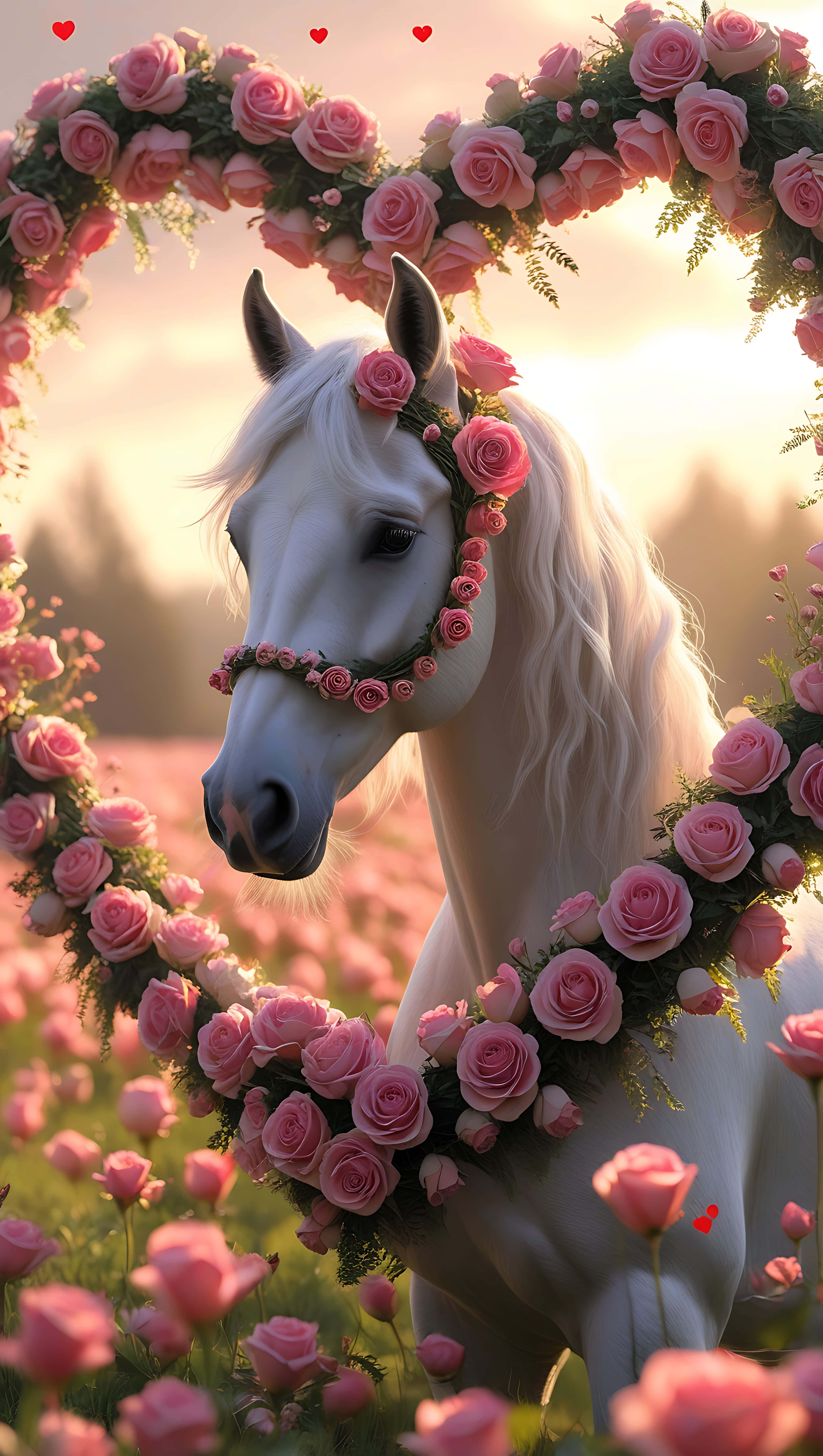 cute horse, floral wreath, pink roses, 5K Phone Wallpaper