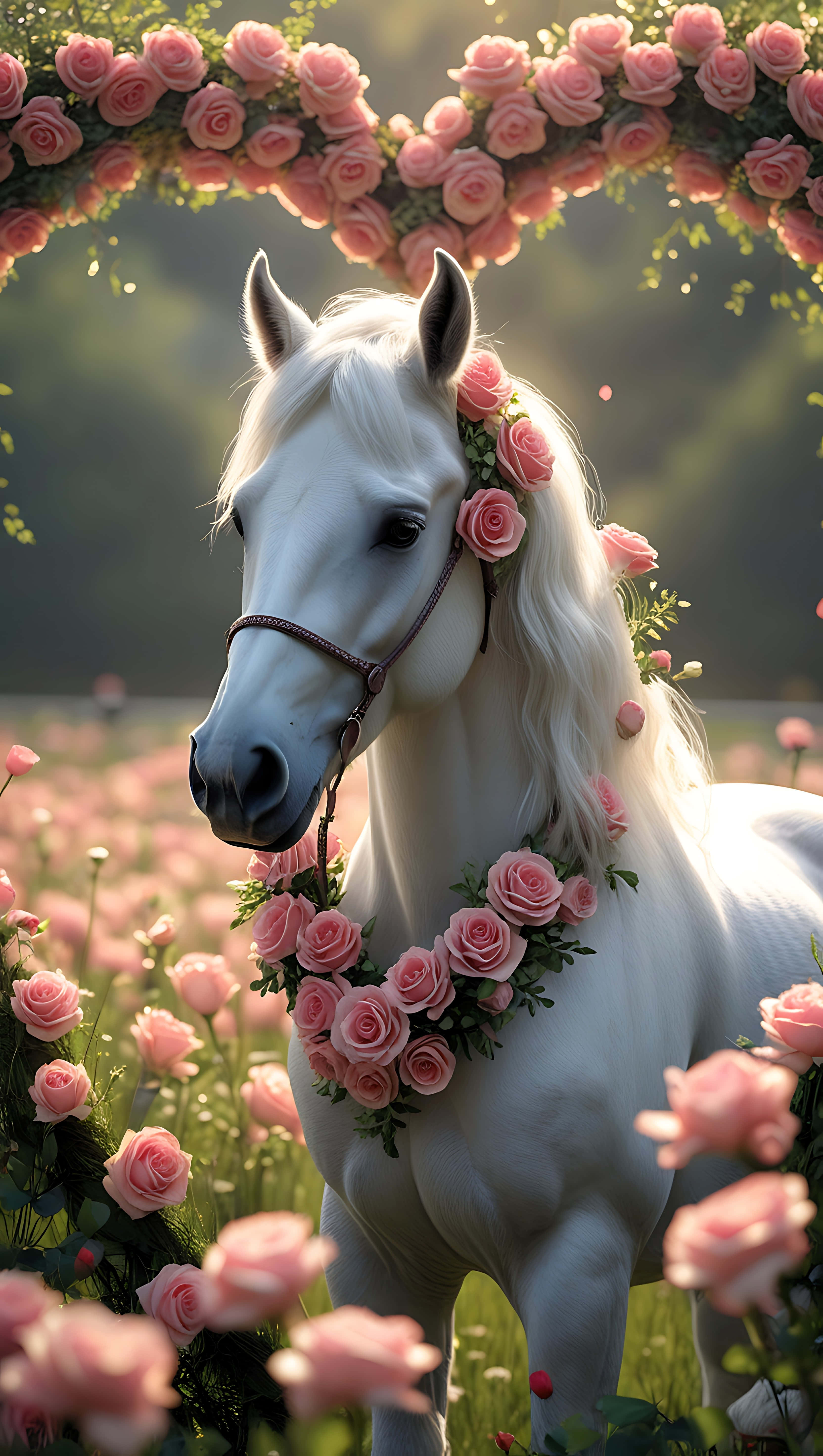 cute horse, floral wreath, pink rose garlands, 5K Phone Wallpaper