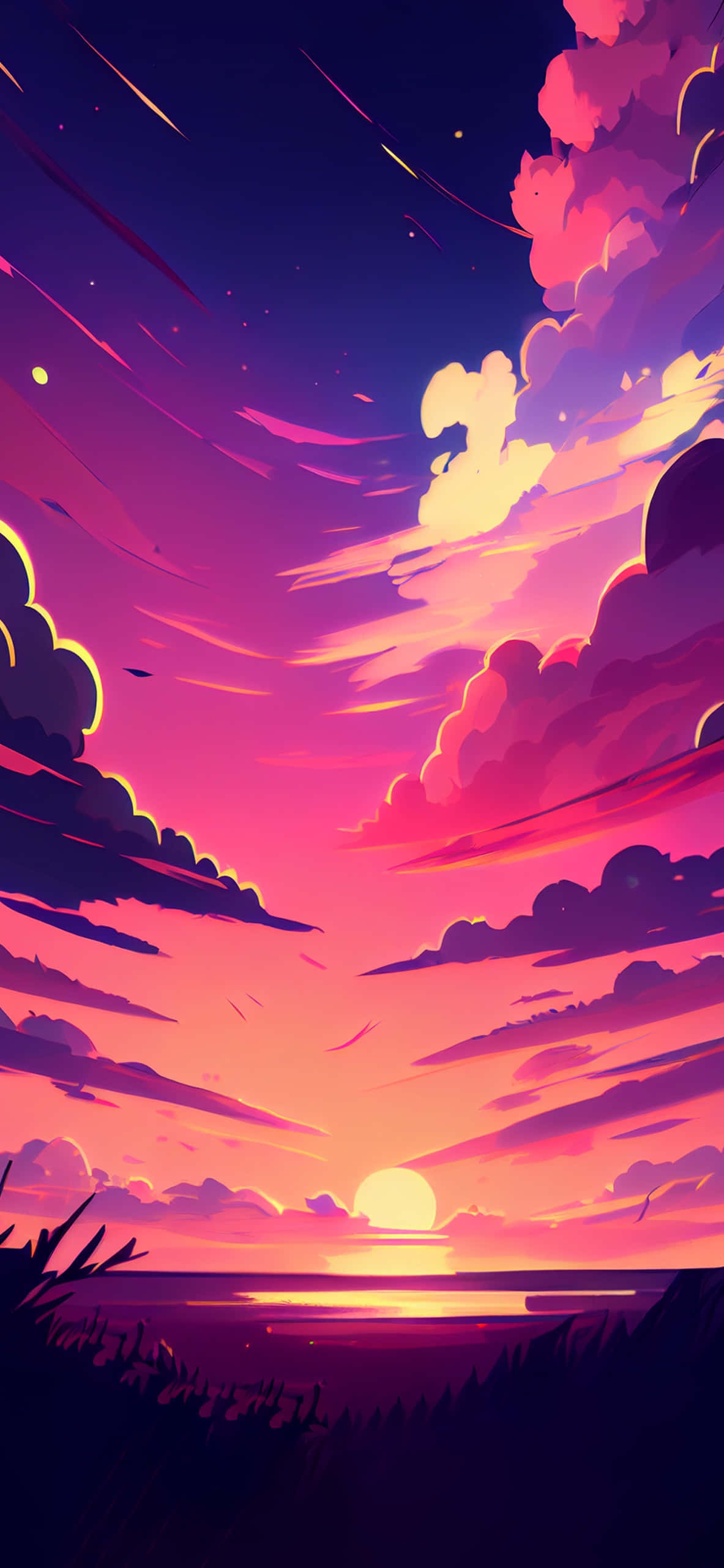 vibrant pink sunset, calm ocean, pink purple and orange clouds, 2K Phone Wallpaper