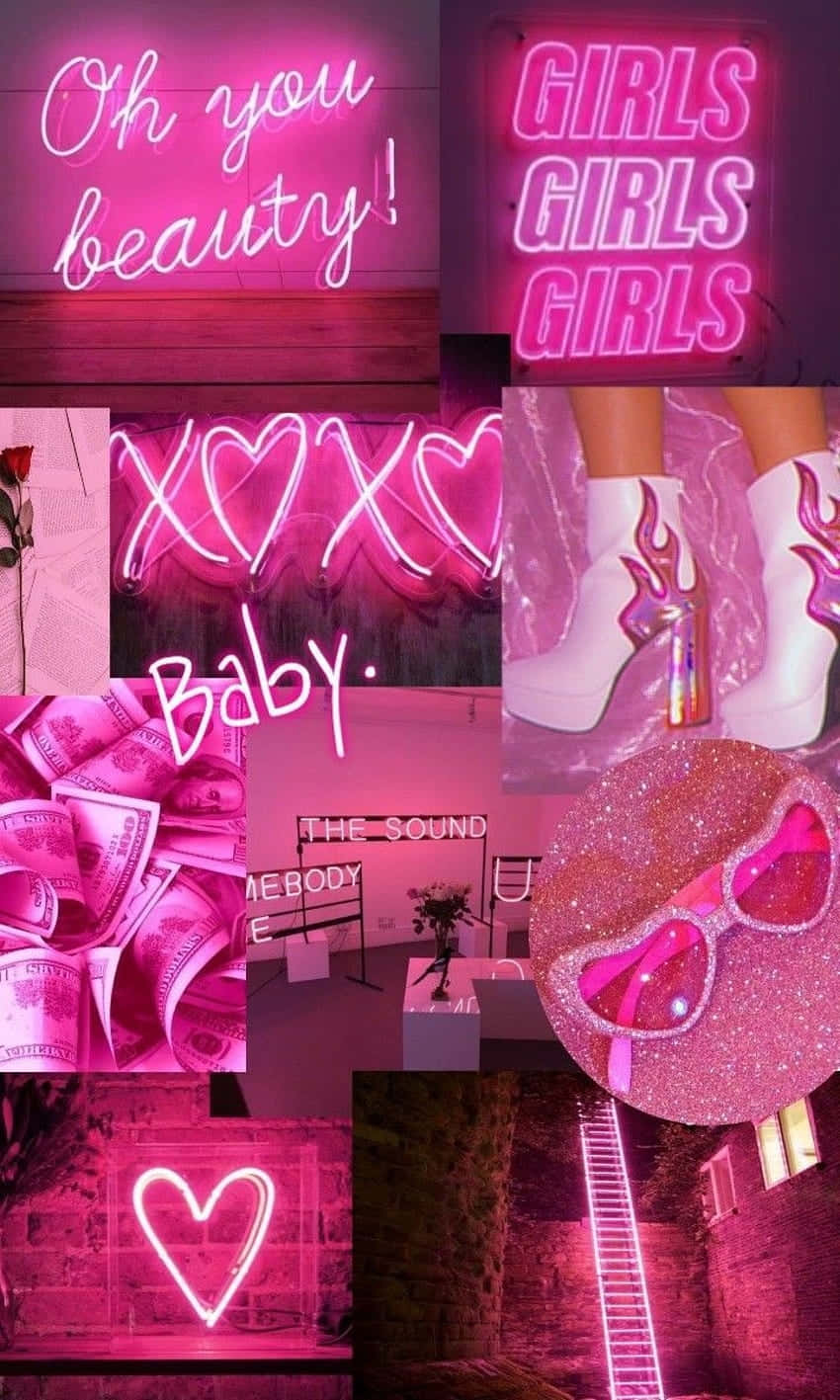 hot pink aesthetic, neon collage, glowing signs, HD Phone Wallpaper