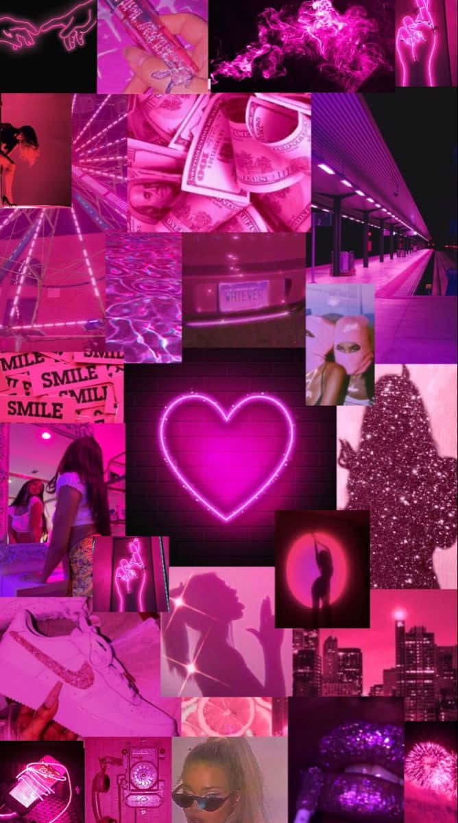 hot pink aesthetic, neon collage, heart shapes, SD Phone Wallpaper