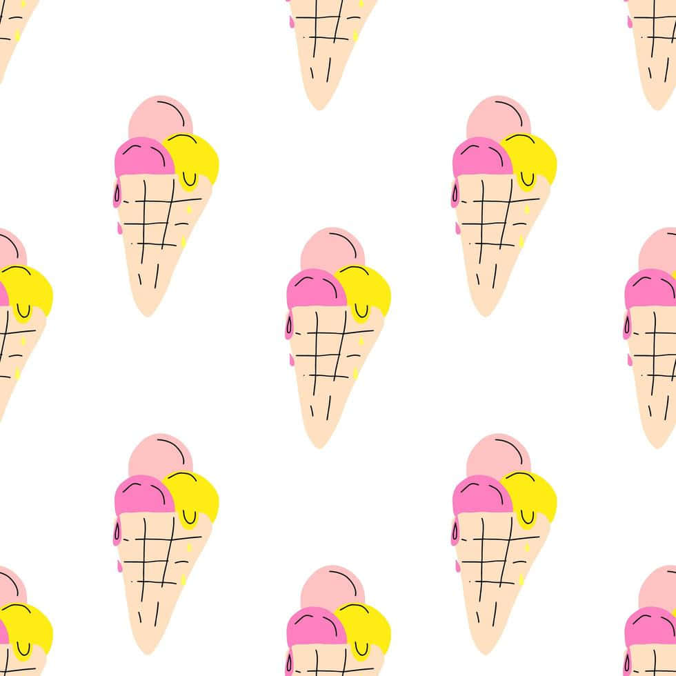 three scoops of cute ice cream drawing, pink and yellow scoops, white background, SD Desktop Wallpaper
