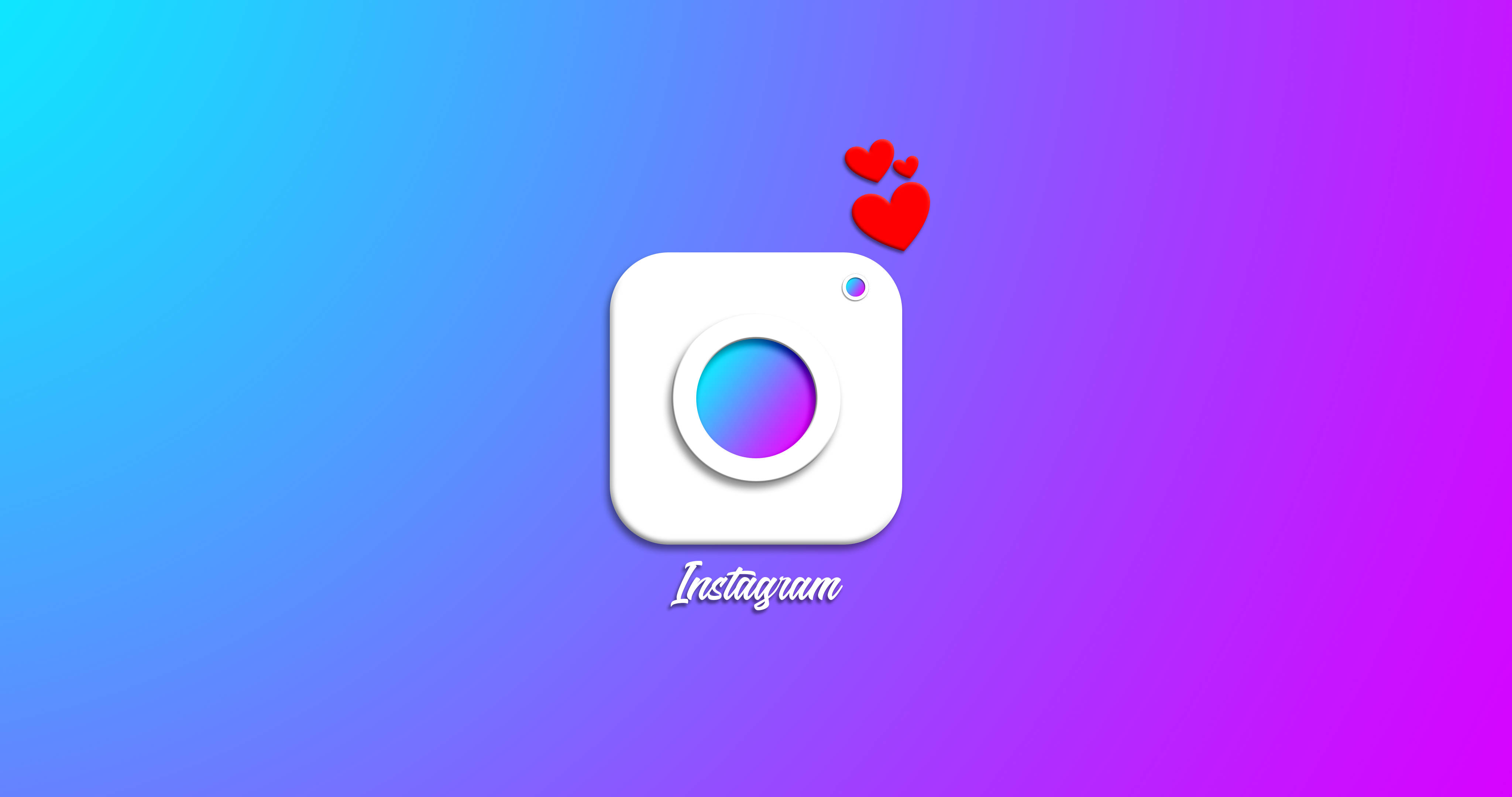 Instagram logo, red hearts, vibrant blue to purple gradient background, 4K Desktop Wallpaper
