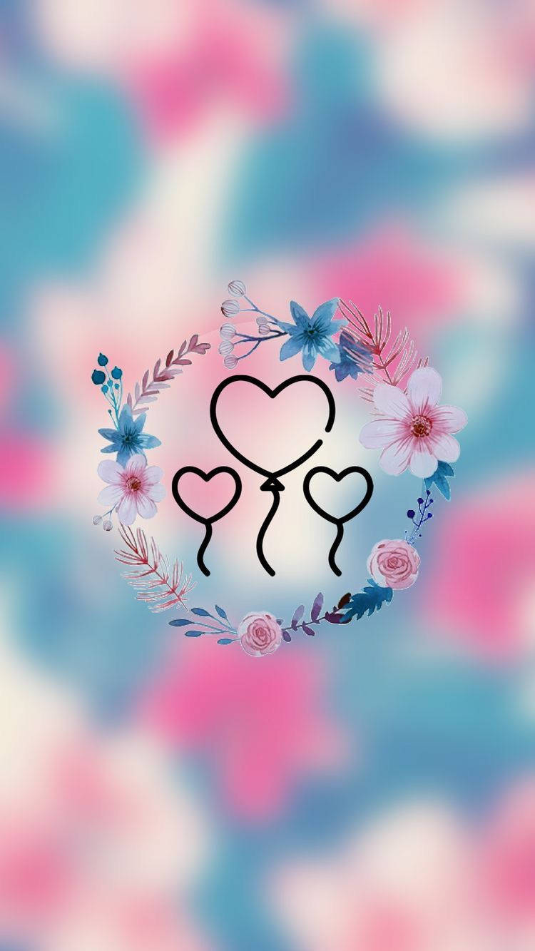 floral wreath, heart-shaped balloons, soft pink and blue blurred background, HD Phone Wallpaper