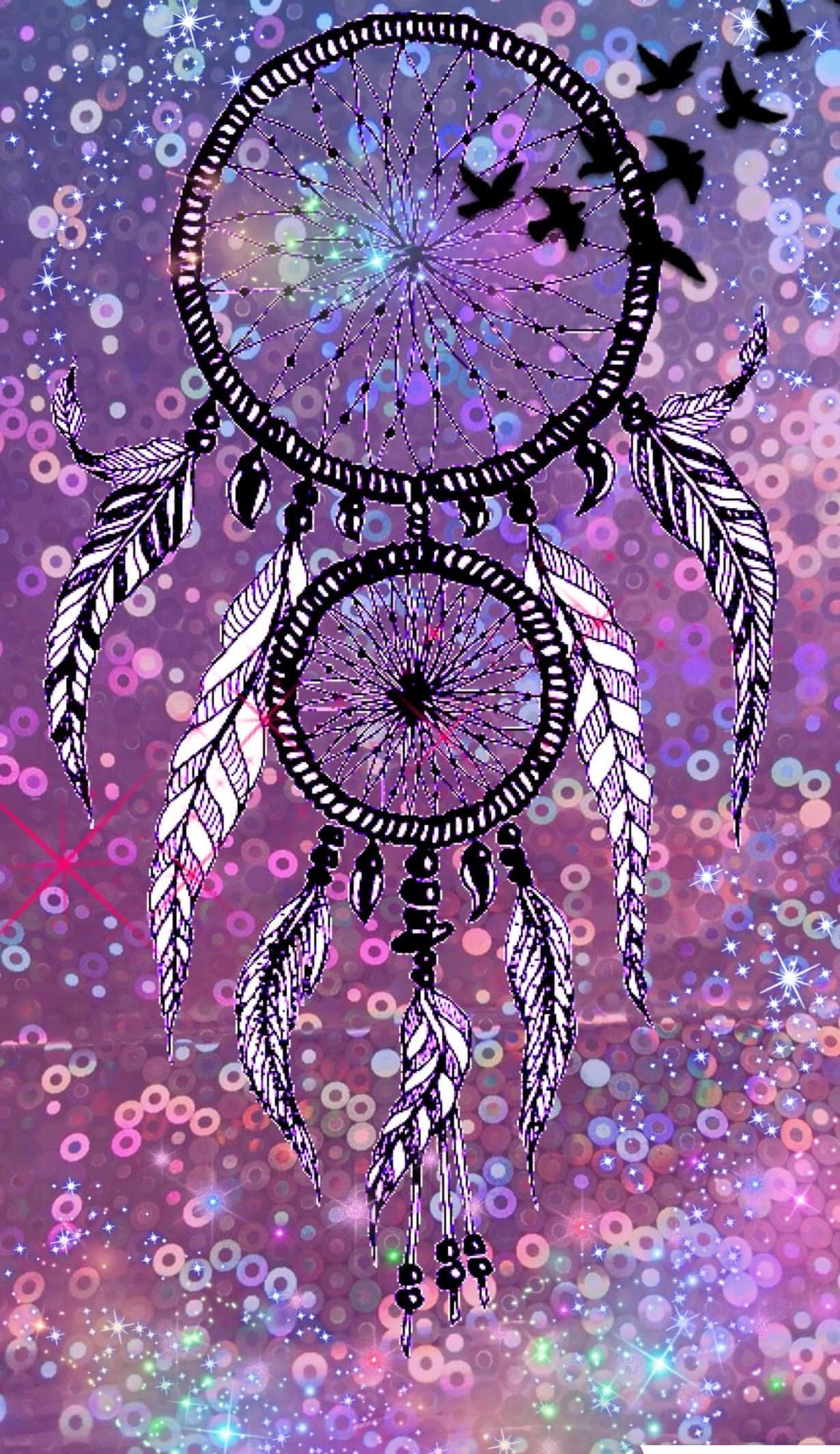 Glitter Dreamcatcher, black line-art dreamcatcher, purple and pink glittery background, Full HD Phone Wallpaper