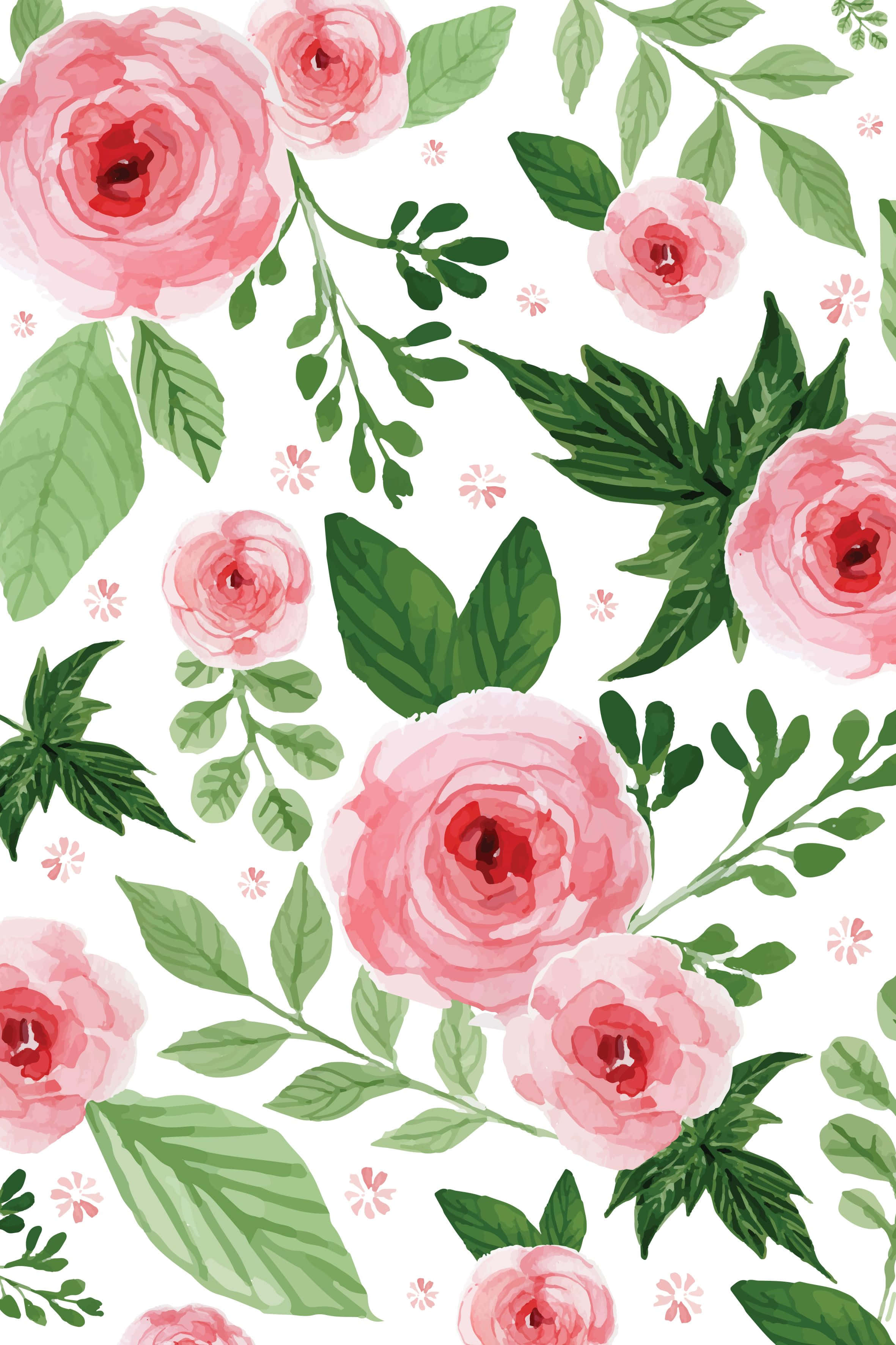 pink roses, lush green leaves, watercolor pattern, 2K Phone Wallpaper