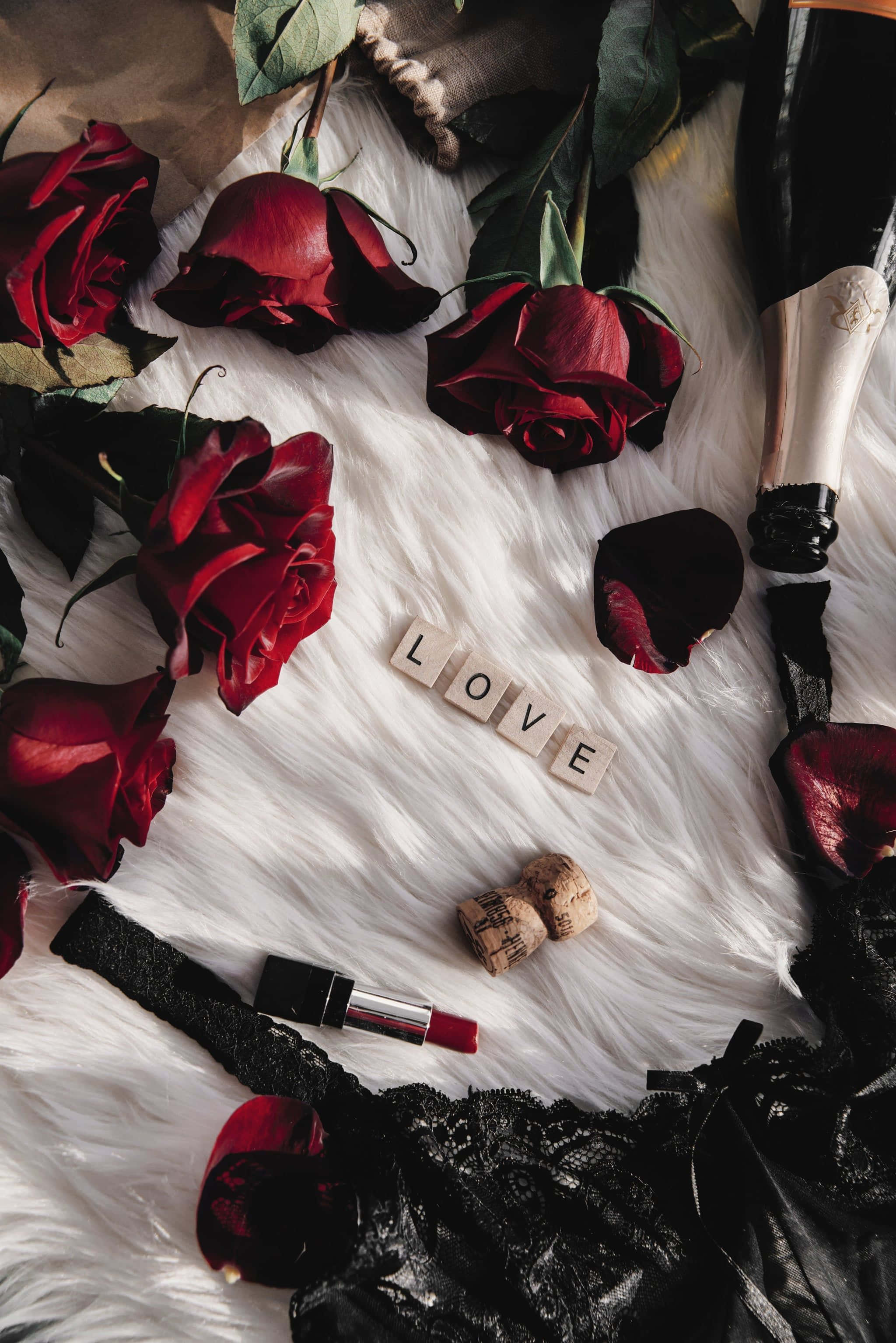 cute iPhone flower, deep red roses, champagne lipstick, 2K Phone Wallpaper