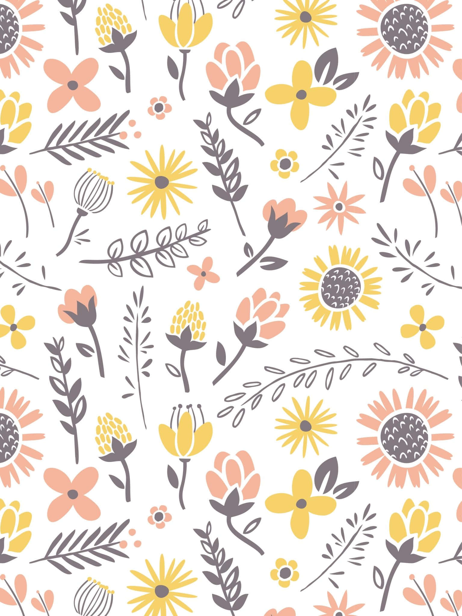 yellow flowers, peach flowers, gray stems, Full HD Phone Wallpaper