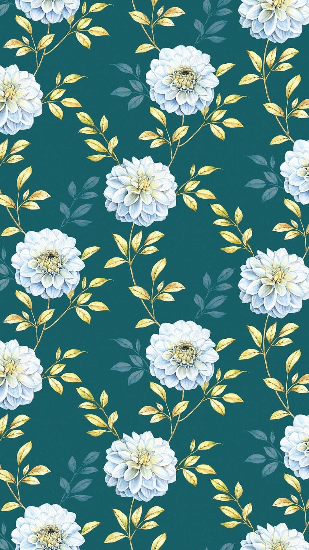 white dahlia flowers, gold leaves, deep teal background, Full HD Phone Wallpaper