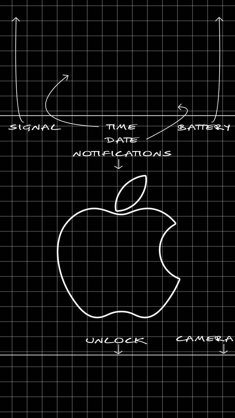 iPhone Logo, white line-drawn Apple logo, black grid paper, HD Phone Wallpaper