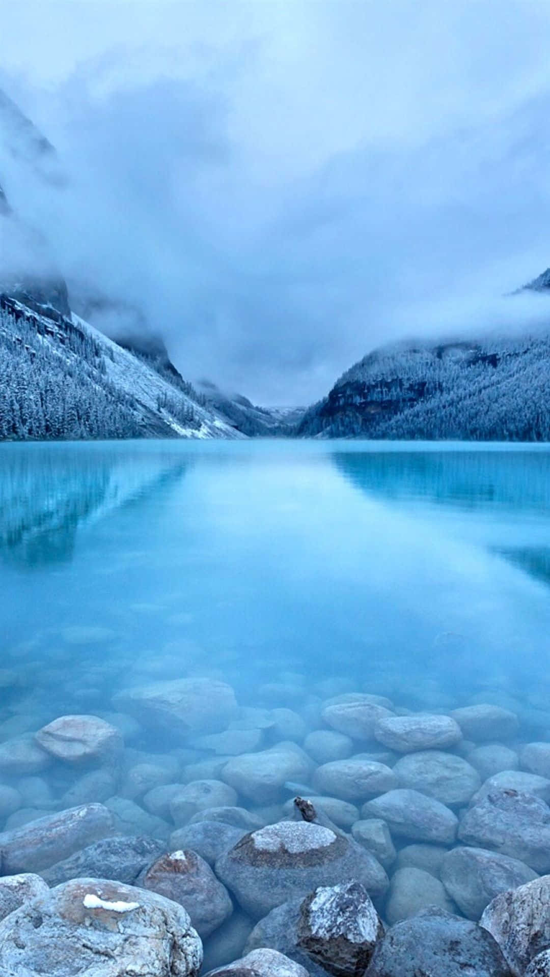 Cute iPhone Teal, winter lake, snow-covered mountains, Full HD Phone Wallpaper