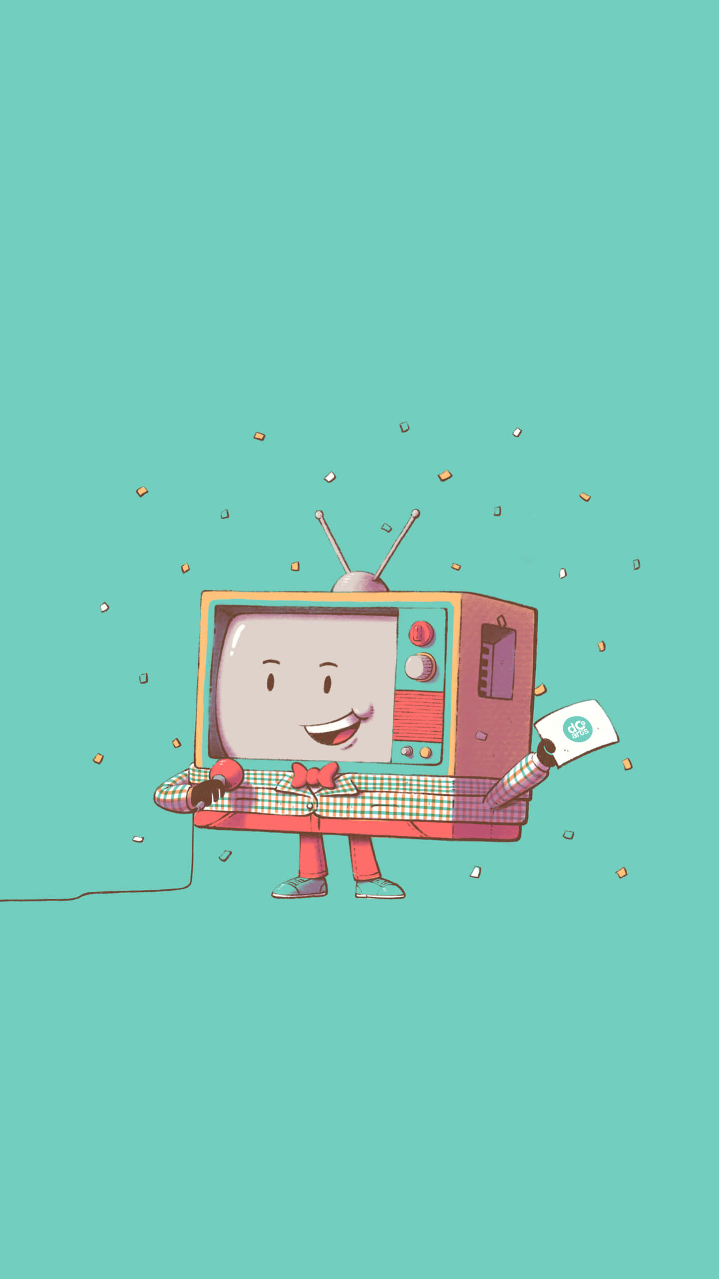 Cute iPhone Teal, animated television, vintage TV with legs and a bowtie, 2K Phone Wallpaper