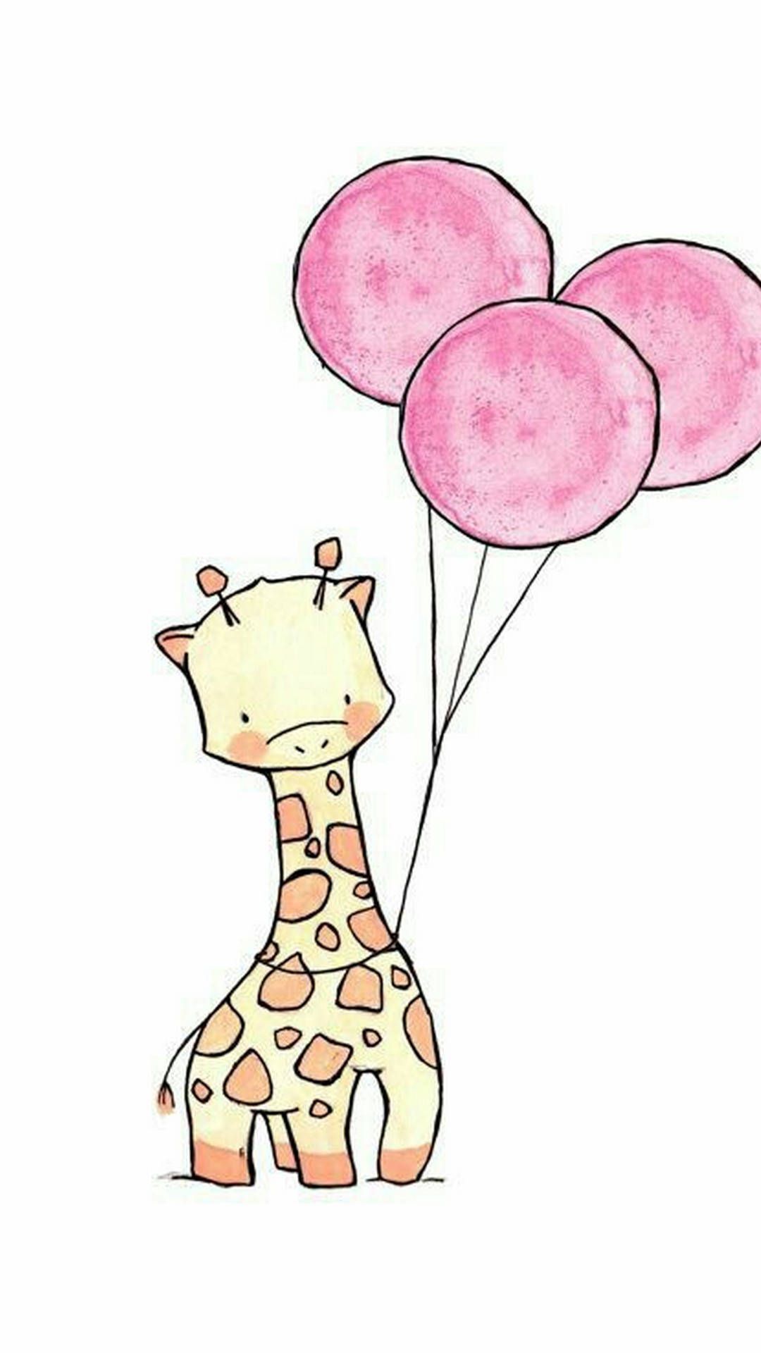giraffe, pink balloons, watercolor, Full HD Phone Wallpaper
