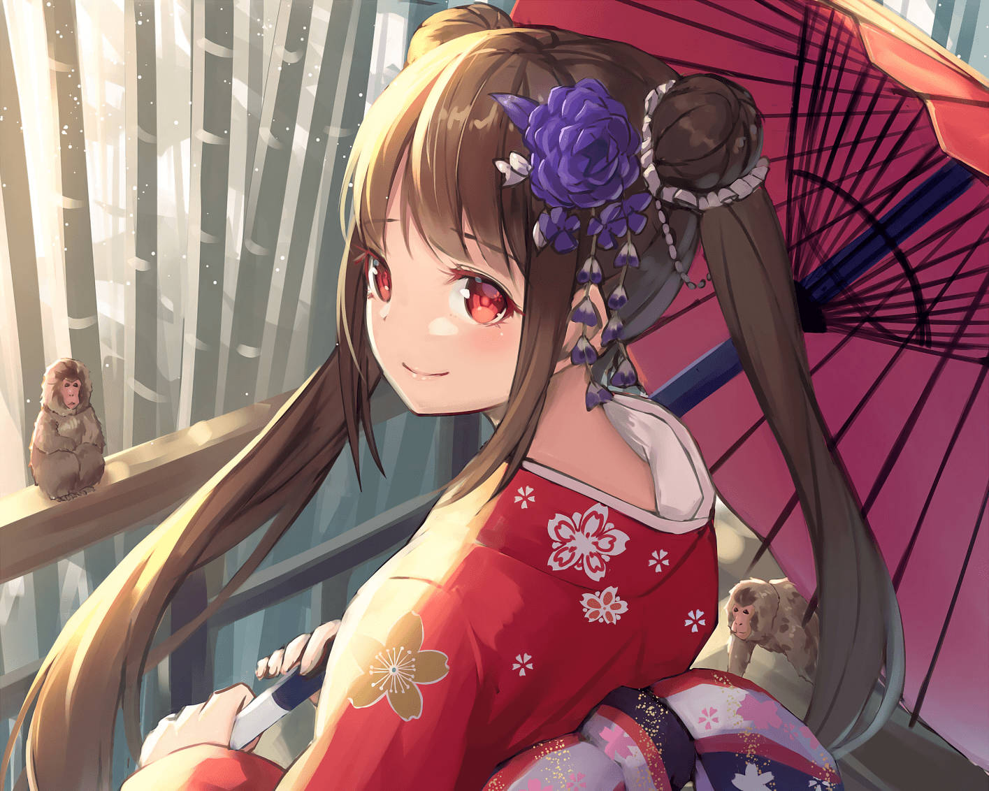 anime girl, red kimono, white cherry blossoms, HD Desktop Wallpaper