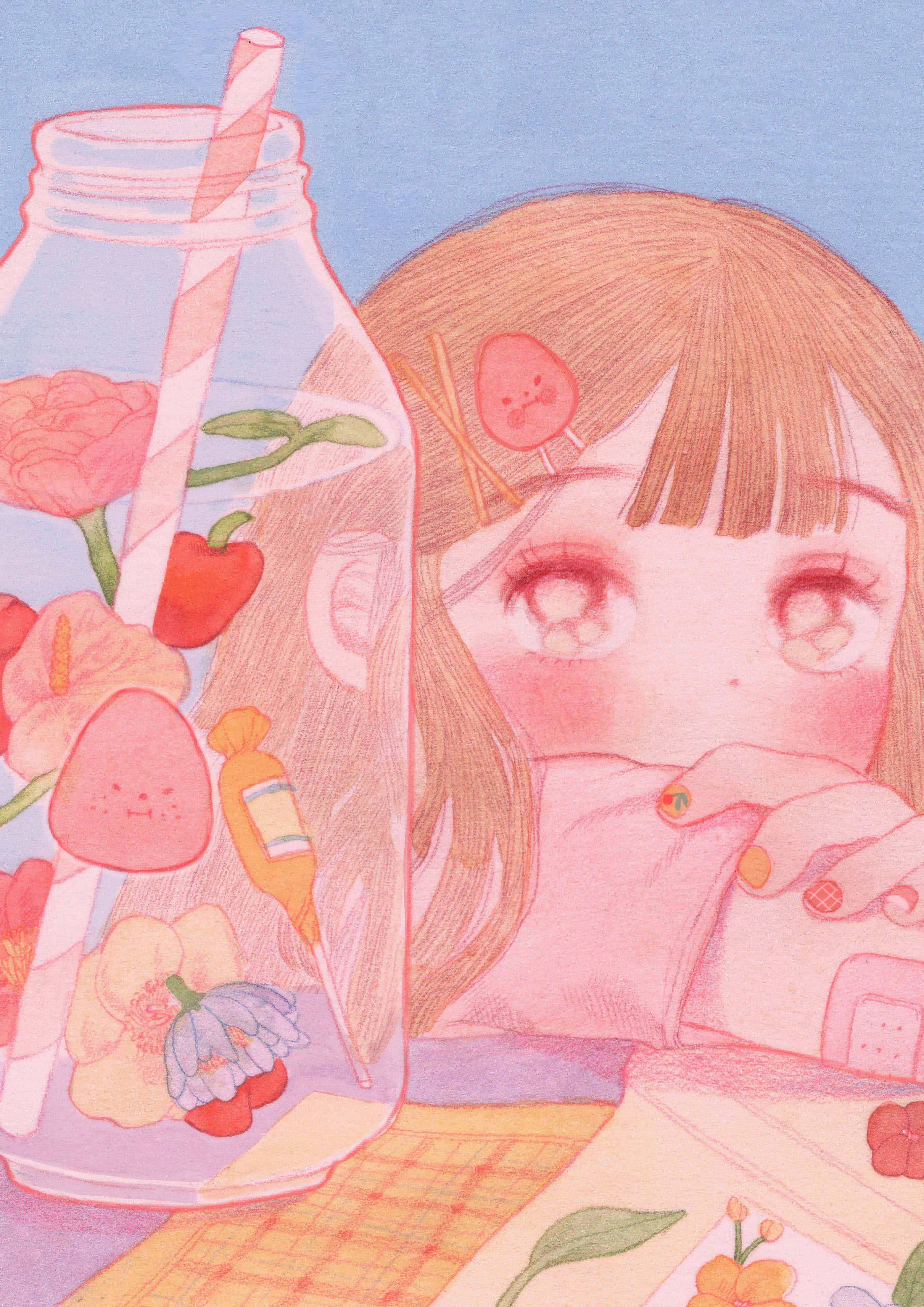 pink hair, blush cheeks, glass jar, 4K Phone Wallpaper