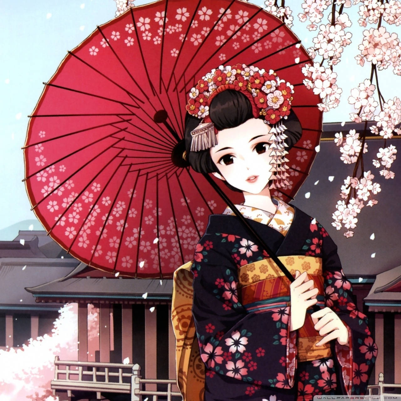 geisha, dark floral kimono, red cherry blossom umbrella, HD Desktop Wallpaper