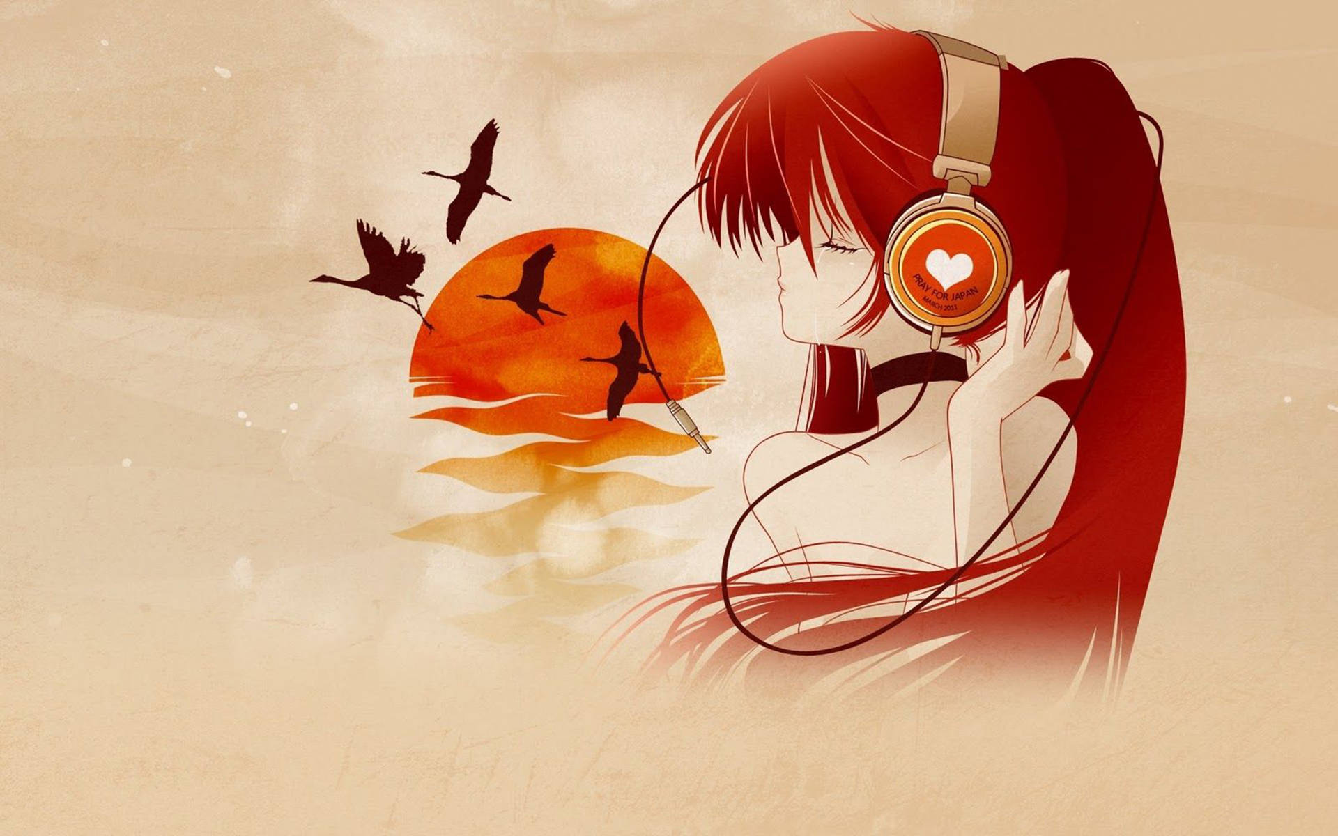 red-haired anime girl, headphones, silhouetted birds, Full HD Desktop Wallpaper