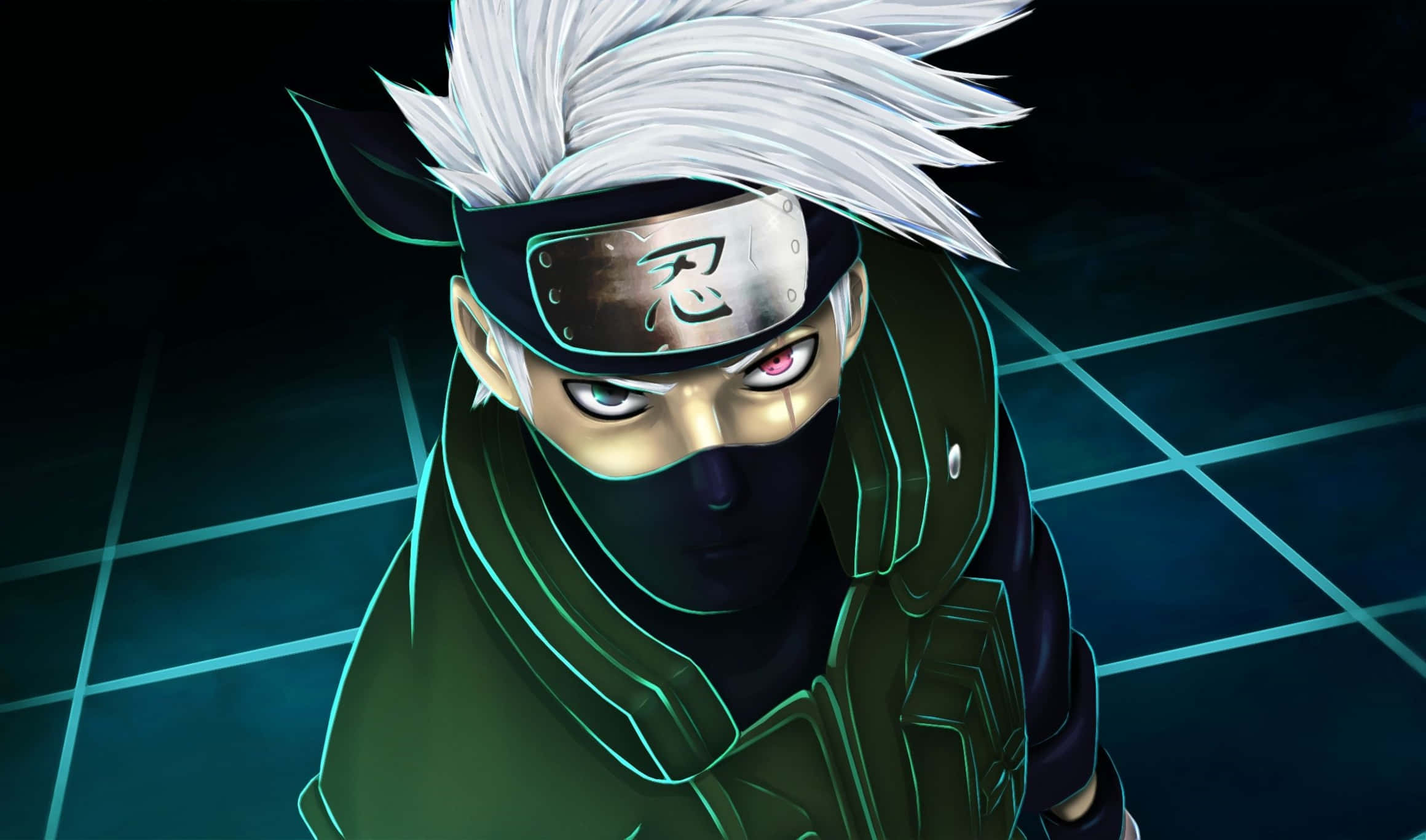 Kakashi, white spiky hair, glowing heterochromatic eyes, Full HD Desktop Wallpaper