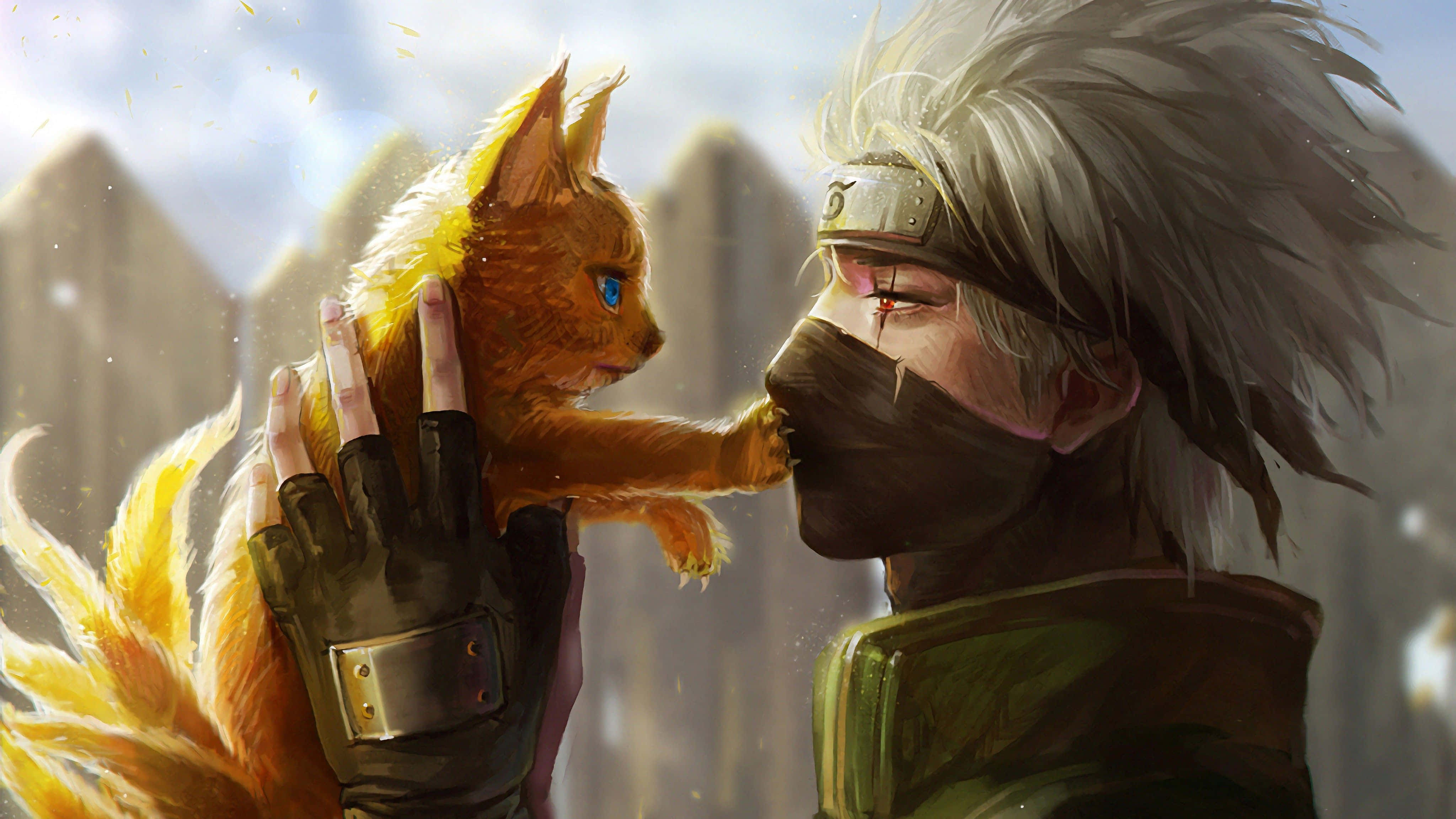 Kakashi, fiery orange fox, blue eyes, 4K Desktop Wallpaper