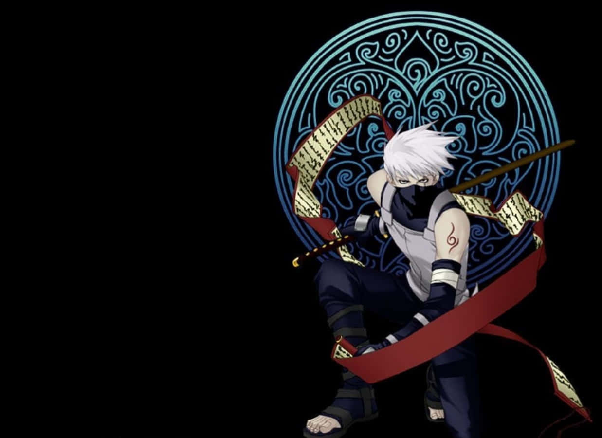 Kakashi, white-haired anime ninja, crouching stance, SD Desktop Wallpaper
