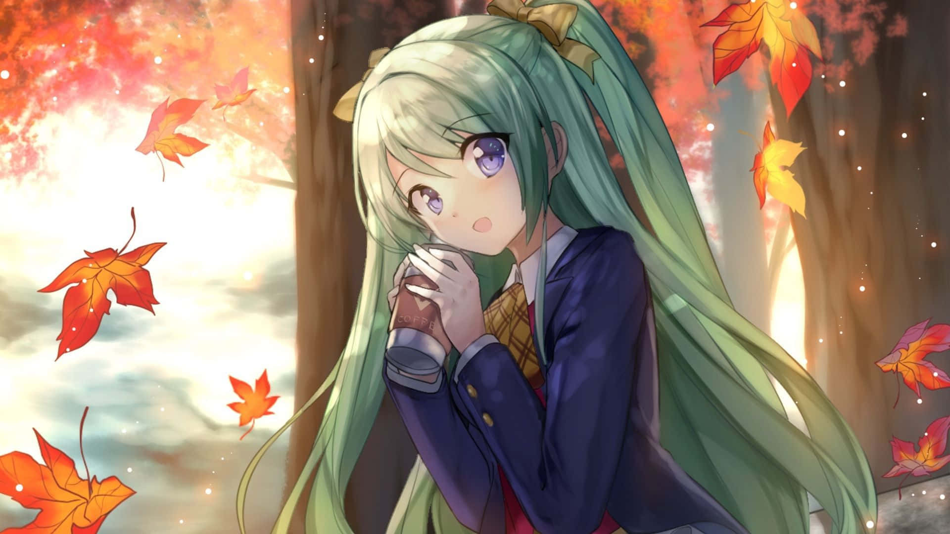 green-haired anime girl, school uniform, autumn leaves, Full HD Desktop Wallpaper