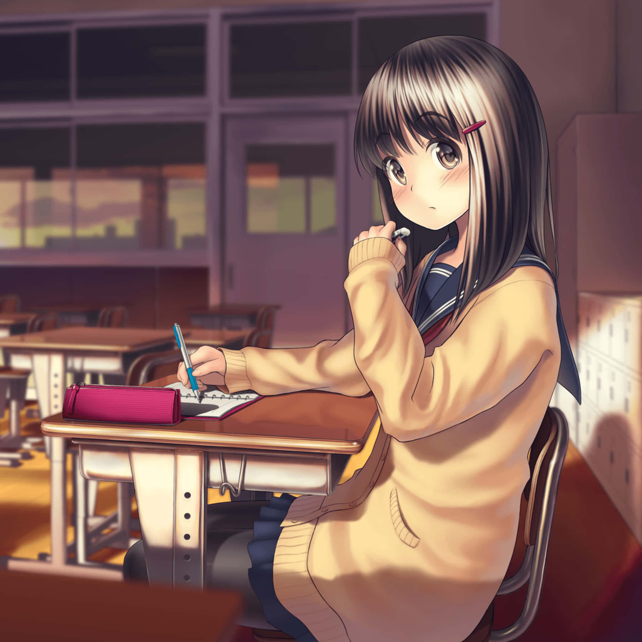 cute kawaii anime girl, school uniform, empty classroom, Full HD Desktop Wallpaper