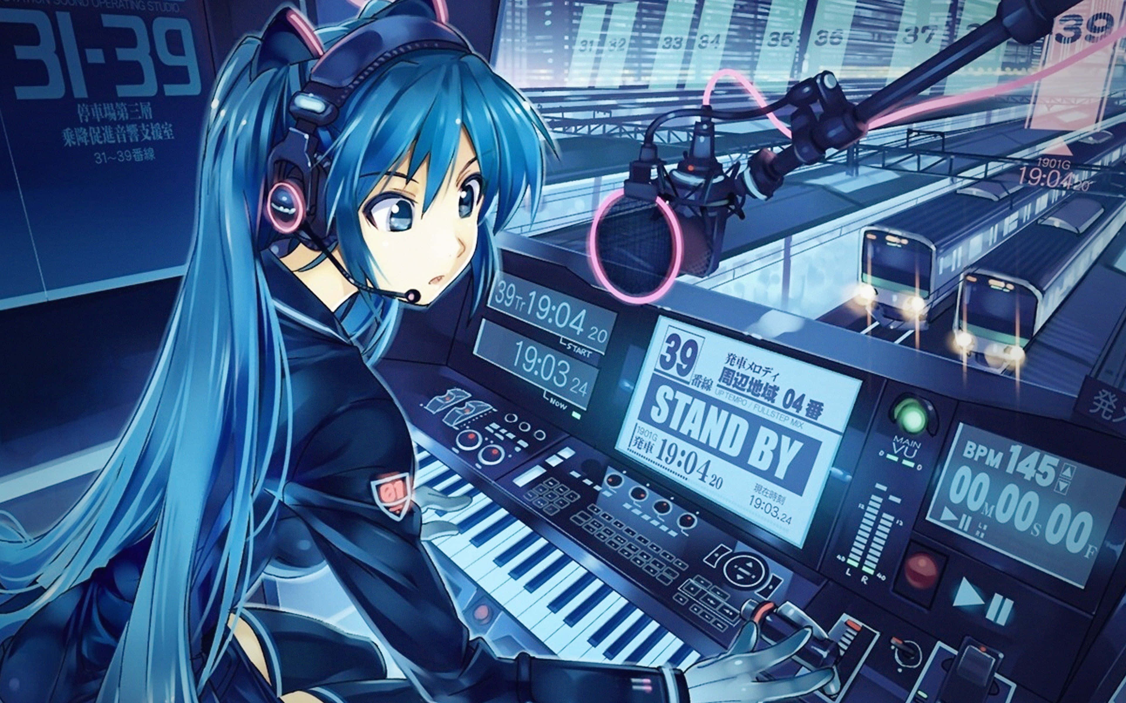 Cute Kawaii Anime Girl, blue hair, glowing DJ booth, 4K Desktop Wallpaper
