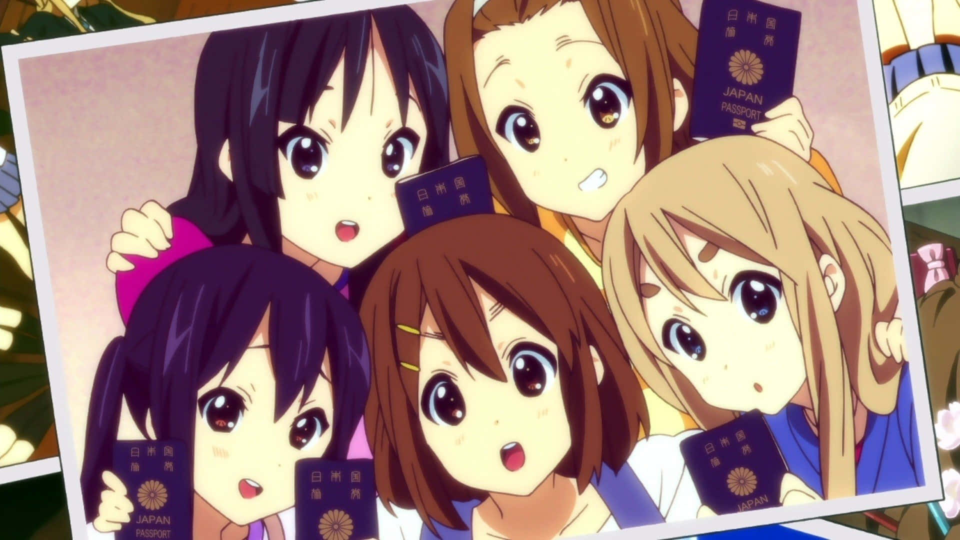 anime girls, Japanese passports, cheerful group photo, Full HD Desktop Wallpaper
