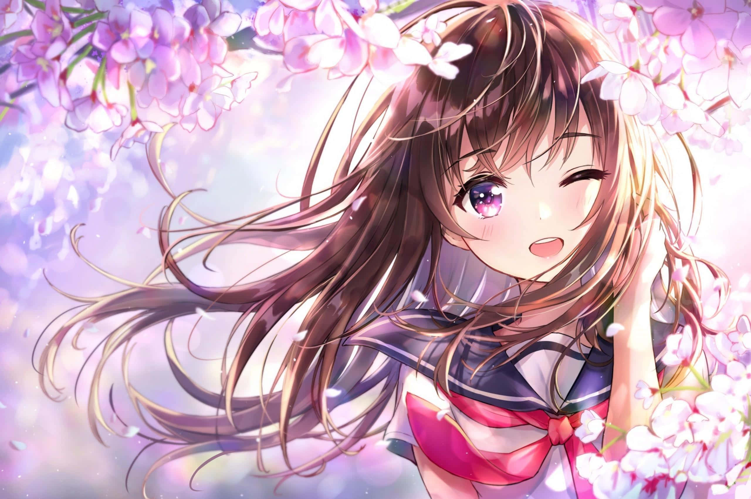 Cute Anime Girl, long brown hair, purple eyes, 2K Desktop Wallpaper