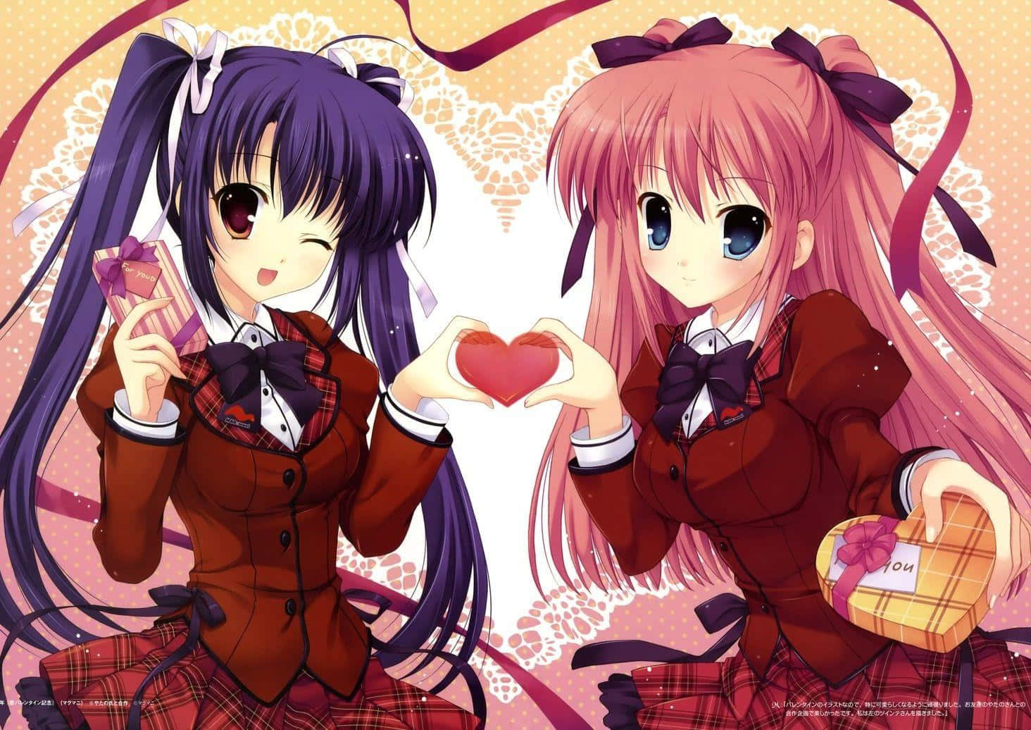 anime girls, school uniforms, heart with hands, HD Desktop Wallpaper