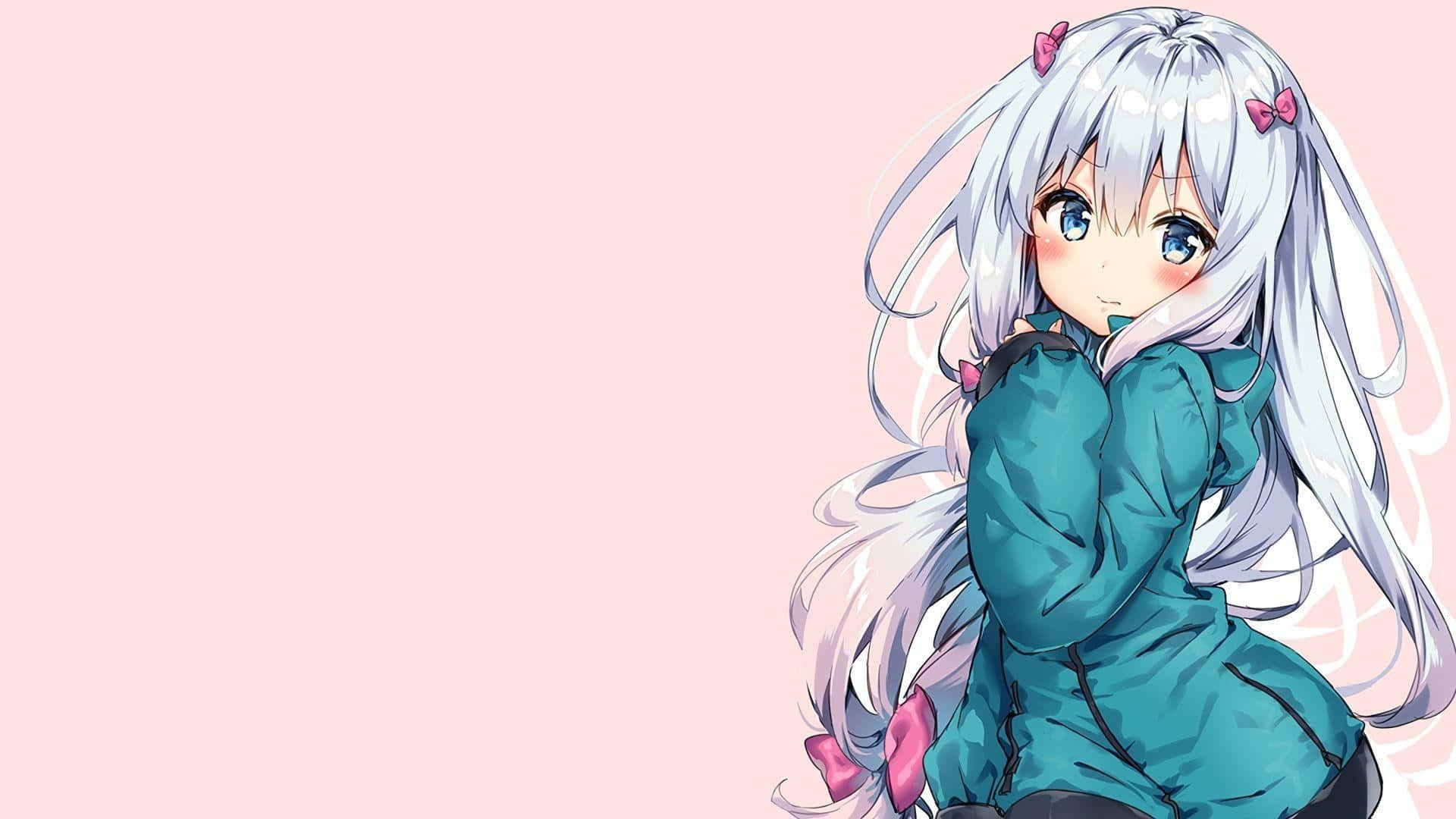 cute Kawaii Anime Girl, silver hair, pink bows, Full HD Desktop Wallpaper