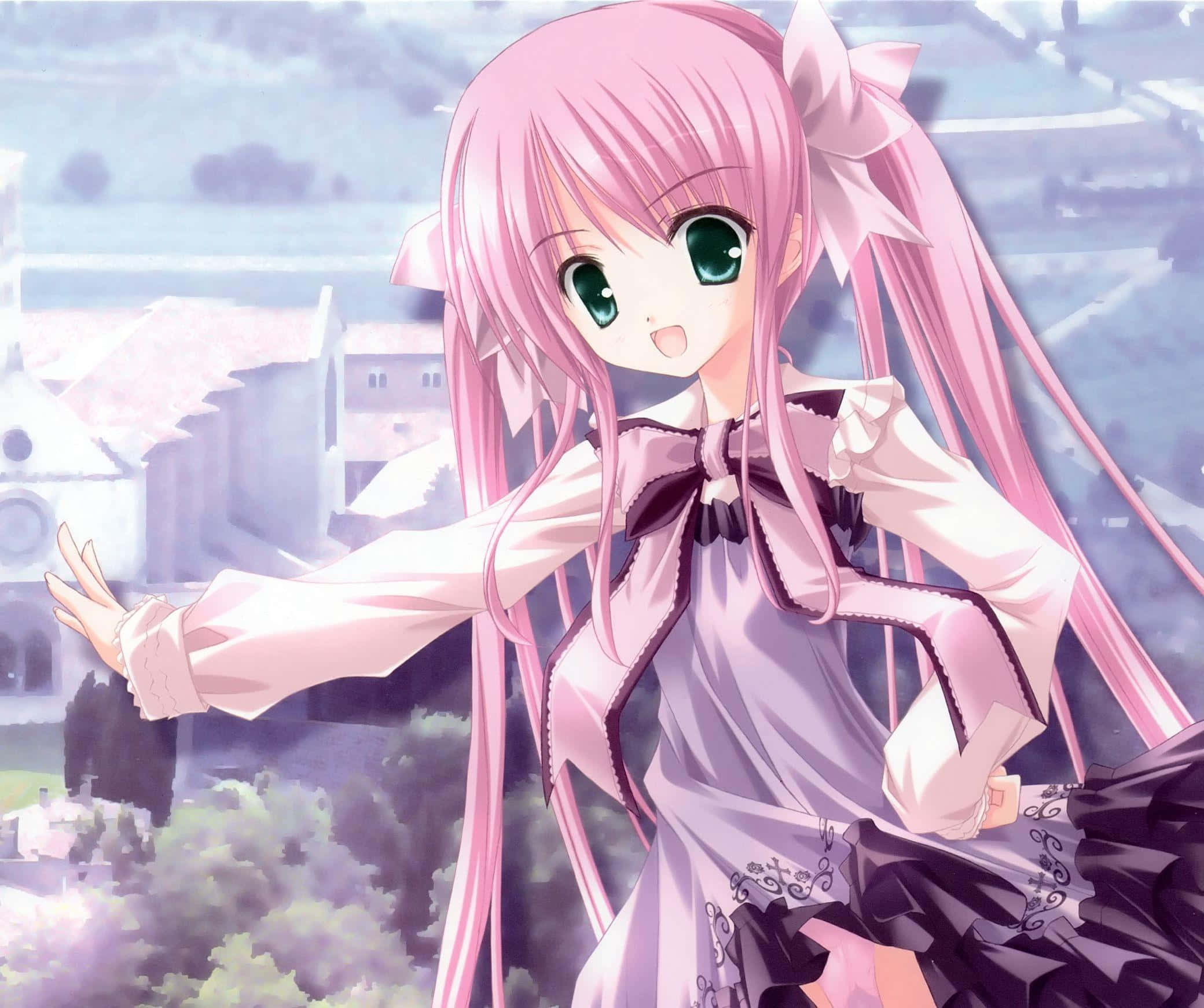 cute kawaii anime girl, long pink hair, green eyes, Full HD Desktop Wallpaper