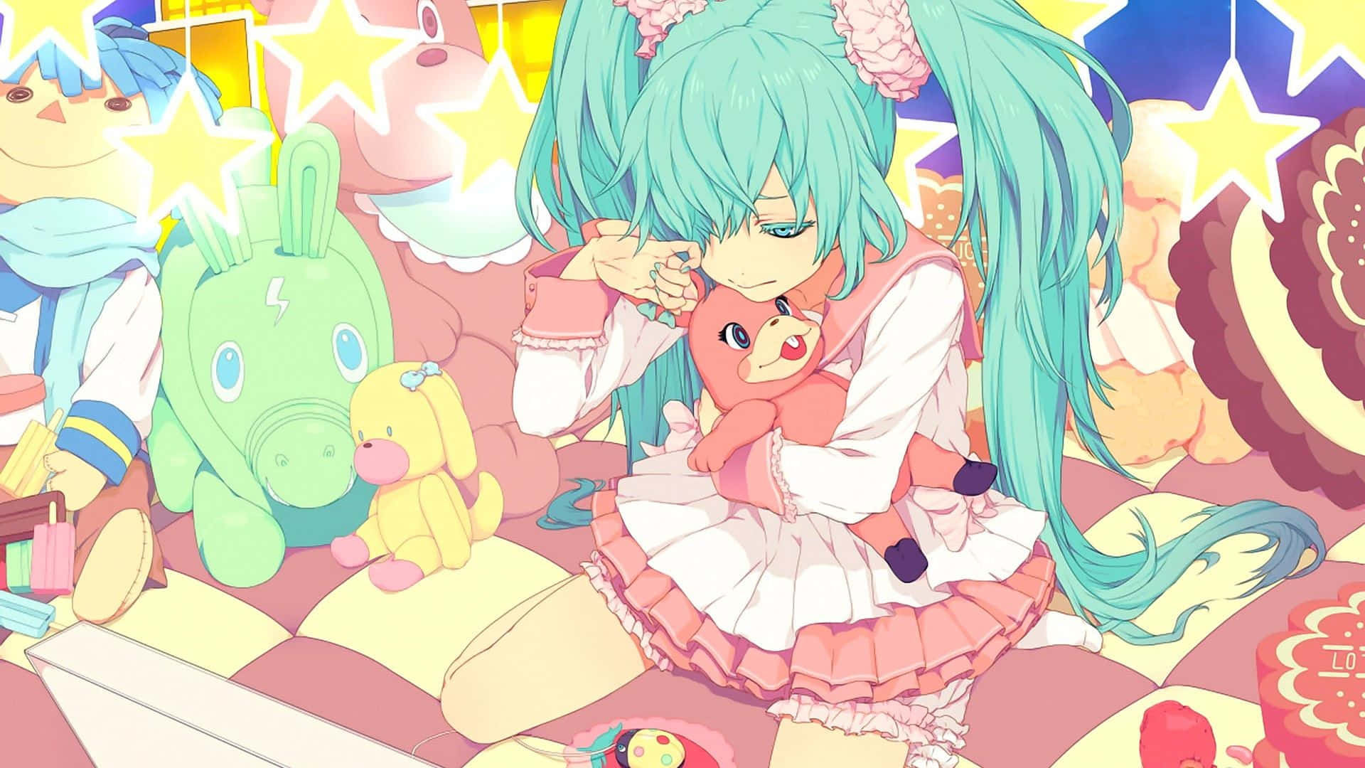 cute kawaii anime girl, turquoise pigtails, pink plush toy, Full HD Desktop Wallpaper