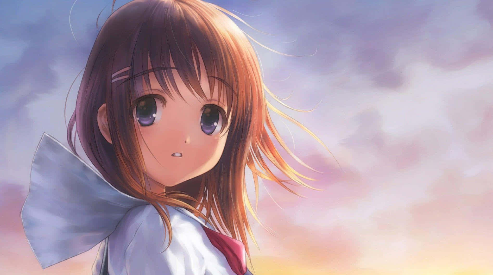 cute kawaii anime girl, brown hair, purple eyes, HD Desktop Wallpaper