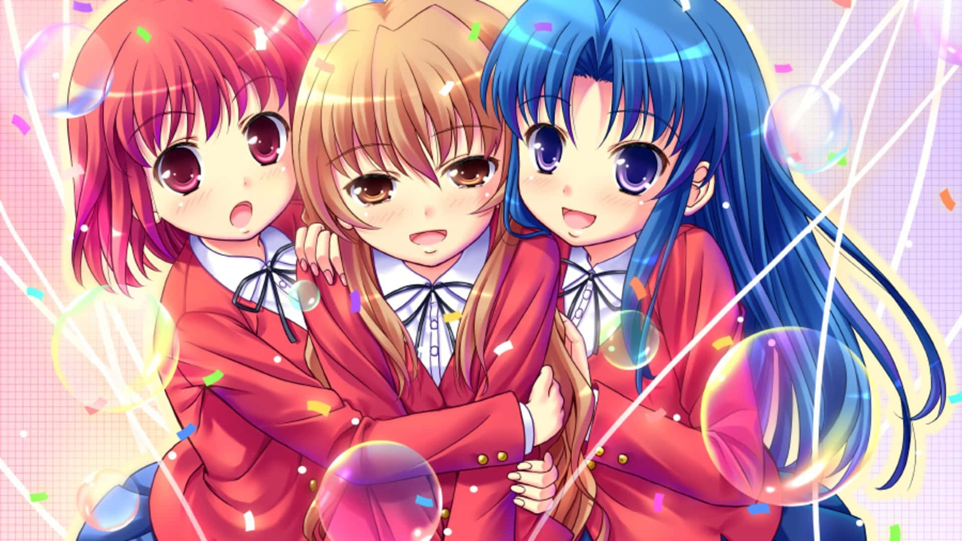 cute kawaii anime girl, red school uniforms, floating bubbles, Full HD Desktop Wallpaper