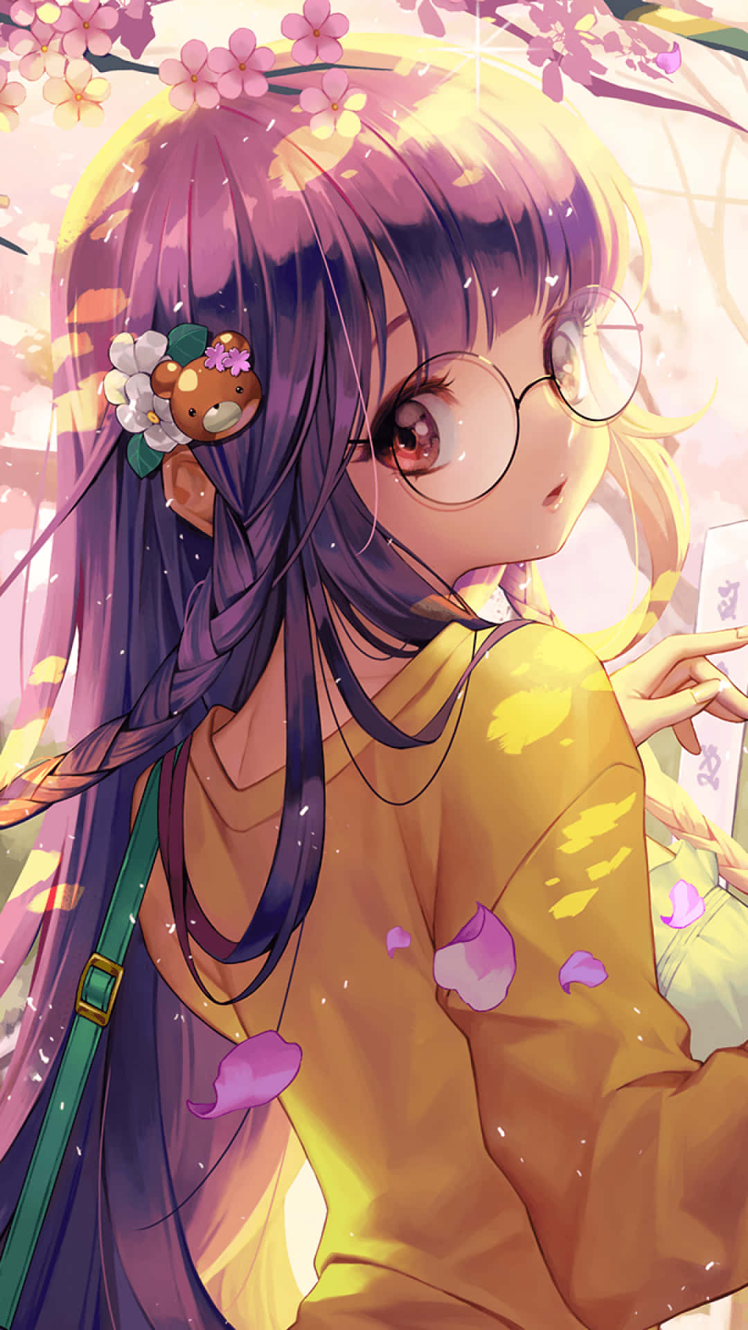 cute kawaii anime girl, purple hair, glasses, Full HD Phone Wallpaper