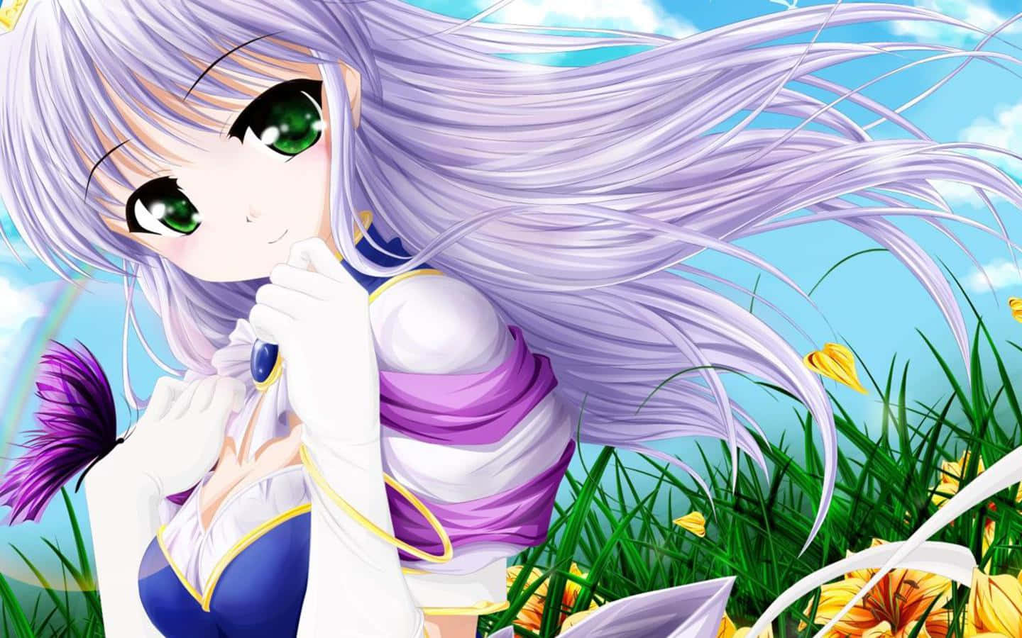 cute kawaii anime girl, lavender hair, green eyes, HD Desktop Wallpaper